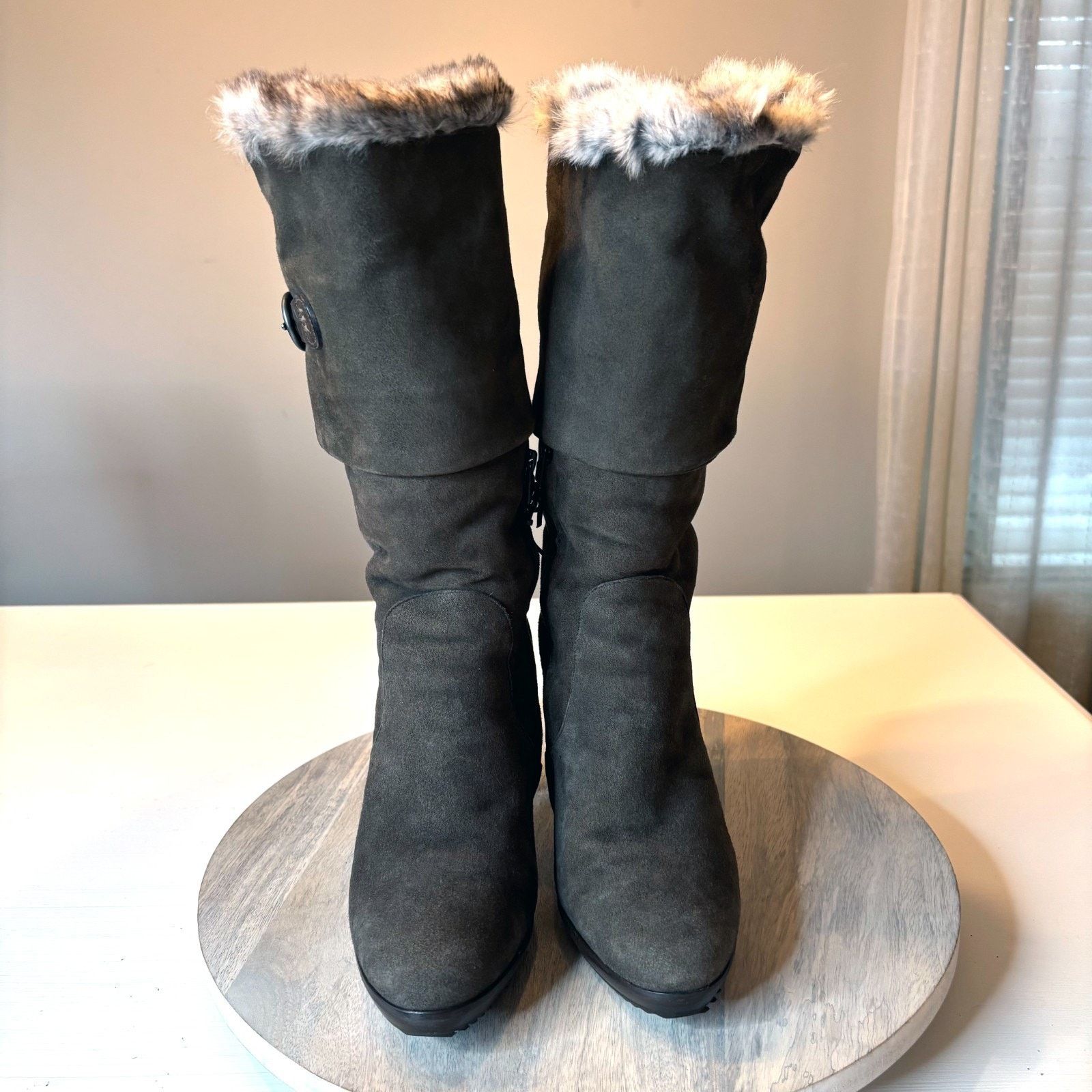 HENRY BEGUELIN Henry Beguelin Suede Fur Trim Boots Sz 9 Brown Buckle Heel Size US 9 / IT 39 - 6 Thumbnail