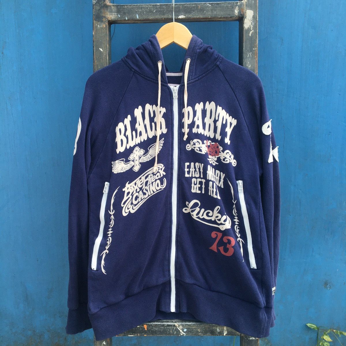 image of True Classic Bike Athletic Y2K Full Print Zip Up Hoodie in Navy, Men's (Size Medium)