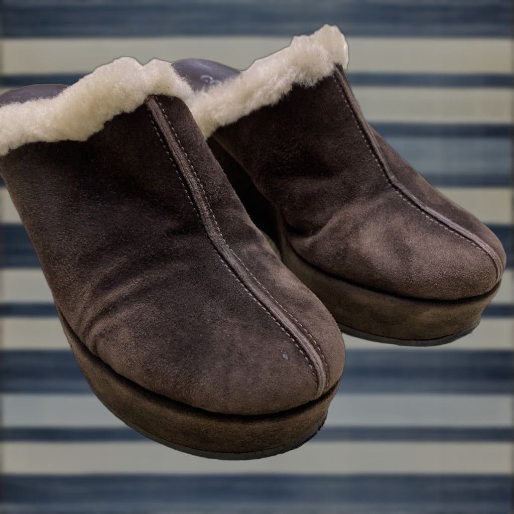 Vintage Cordani Brown Leather Wedge Heel Mules Size 7 - Women's Almond Toe Slip-On Heel Shoes With Fur Trim