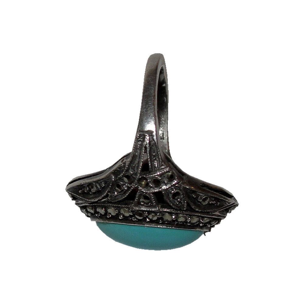 Designer Art Deco Sterling Marcasite and Turquoise Ring Size ONE SIZE - 3 Thumbnail