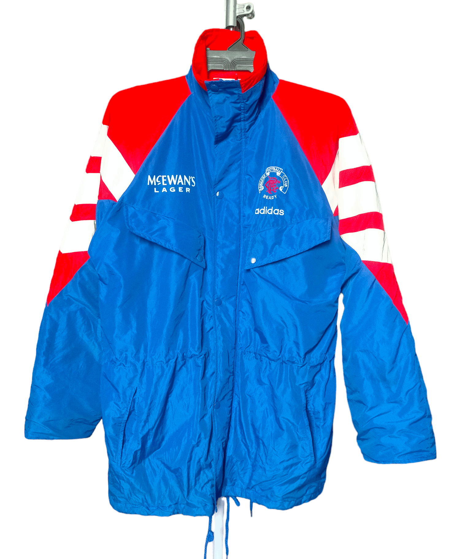 image of Glasgow Rangers VTG 1992-94 Adidas Bench Coat Jacket Mcewans in Blue, Men's (Size Medium)
