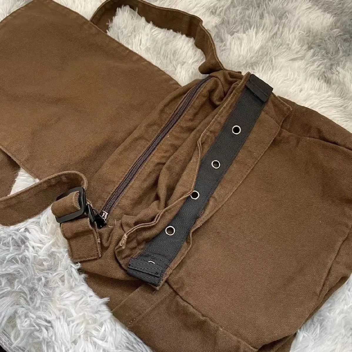 Vintage Brown Old School Style Star Patch Canvas Students School Bag Size ONE SIZE - 4 Thumbnail