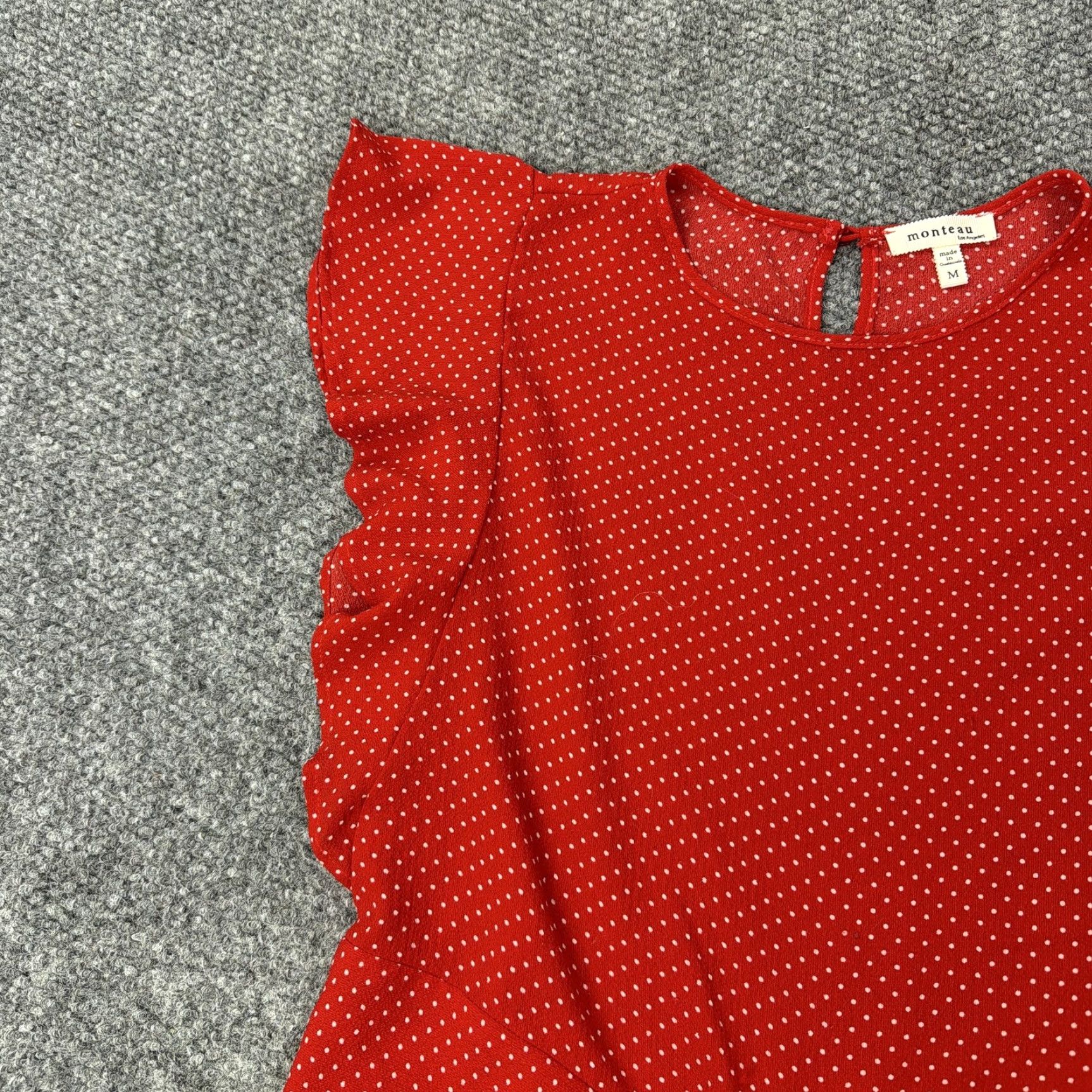 Vintage Monteau Shirt Women Red Polka Dot Tie Front Ruffle Sleeve Blouse Medium Size M / US 6-8 / IT 42-44 - 4 Thumbnail