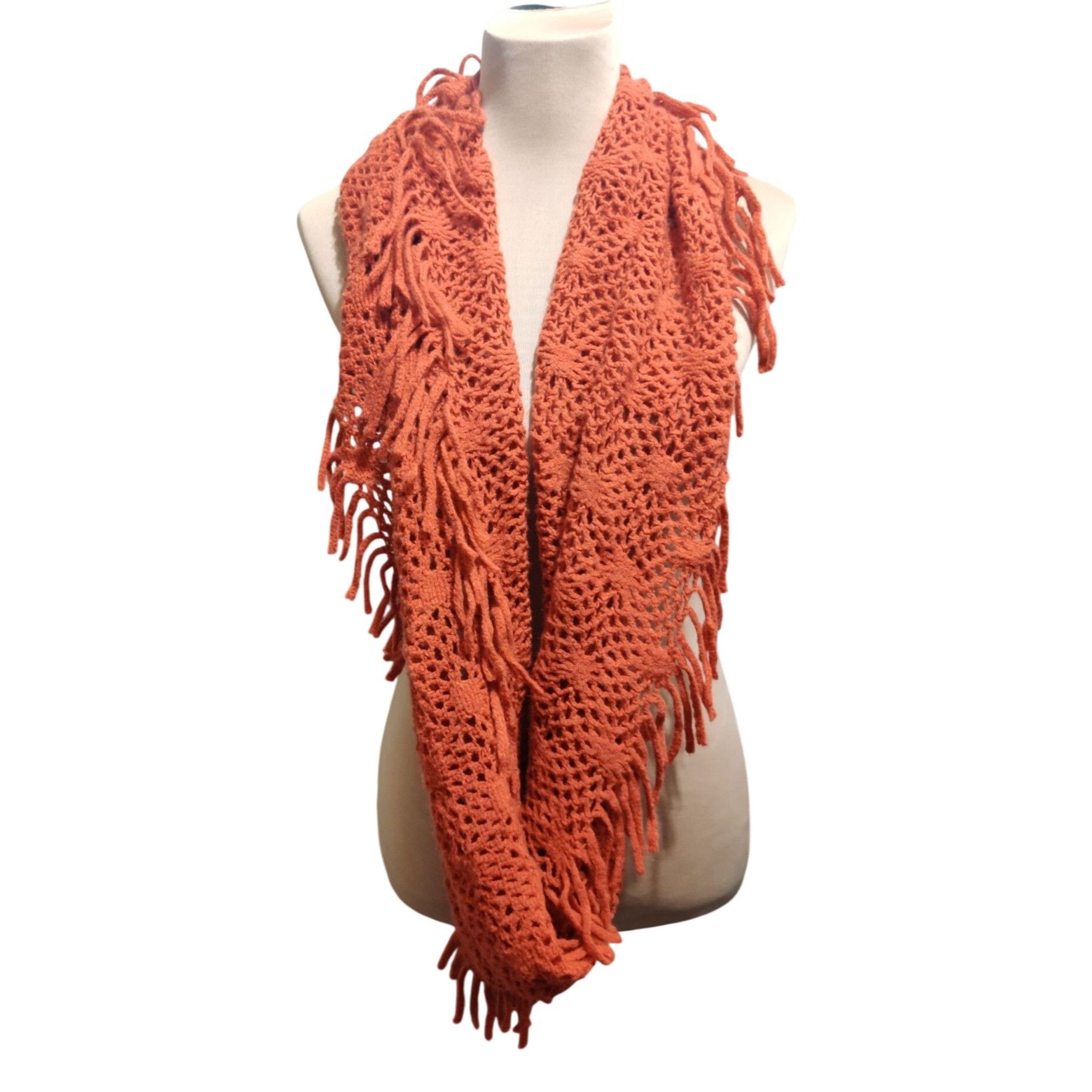 Other Rust Crochet Infinity Scarf Open Weave Fringe Loop Boho Dese Size ONE SIZE - 4 Thumbnail