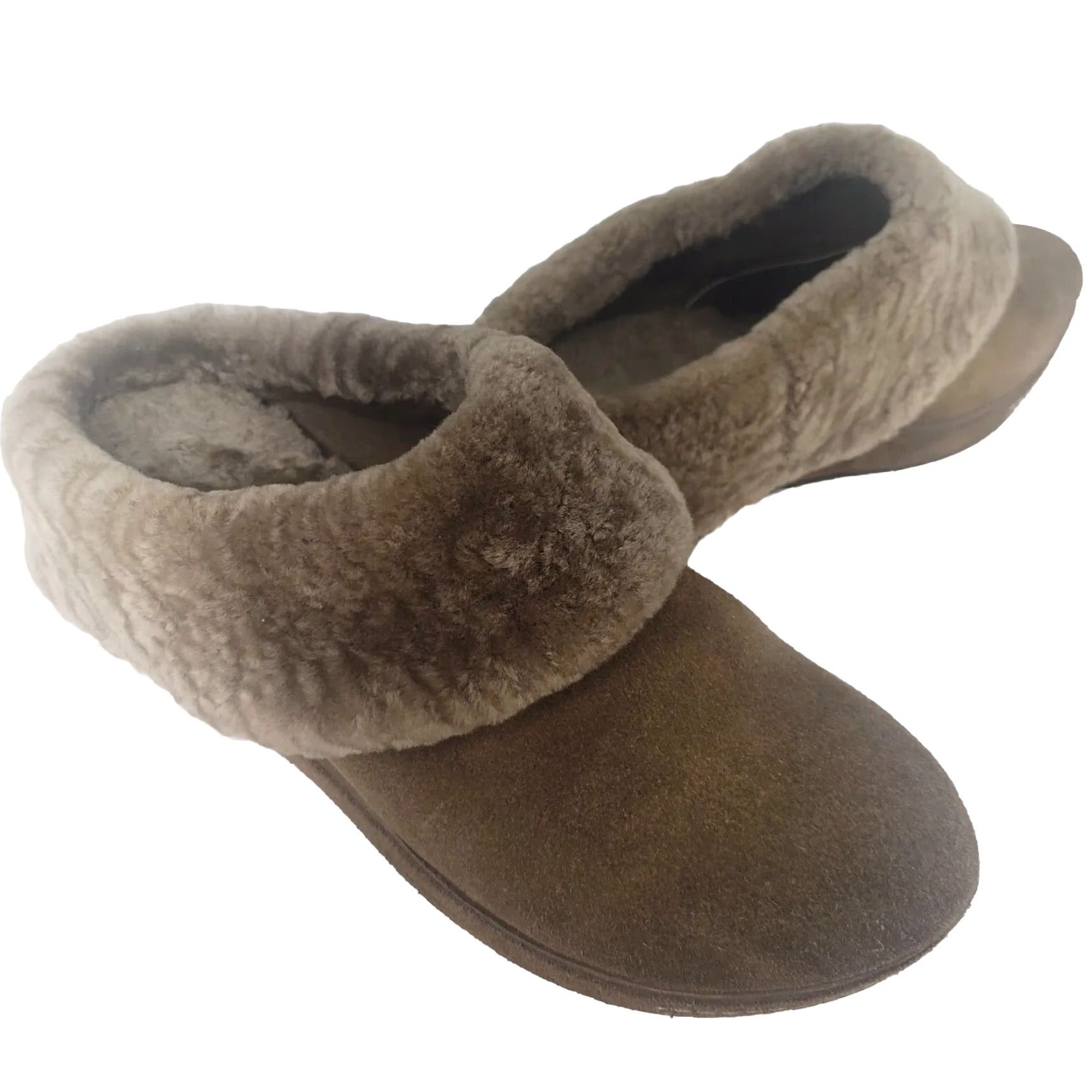 Olive ANTEOLOPE COLLECTION Olive Brown SUEDE WEDGE CLOGS Slip On Fur Lined Trim Womens 8 EU39 Size US 8 / IT 38 - 2 Thumbnail