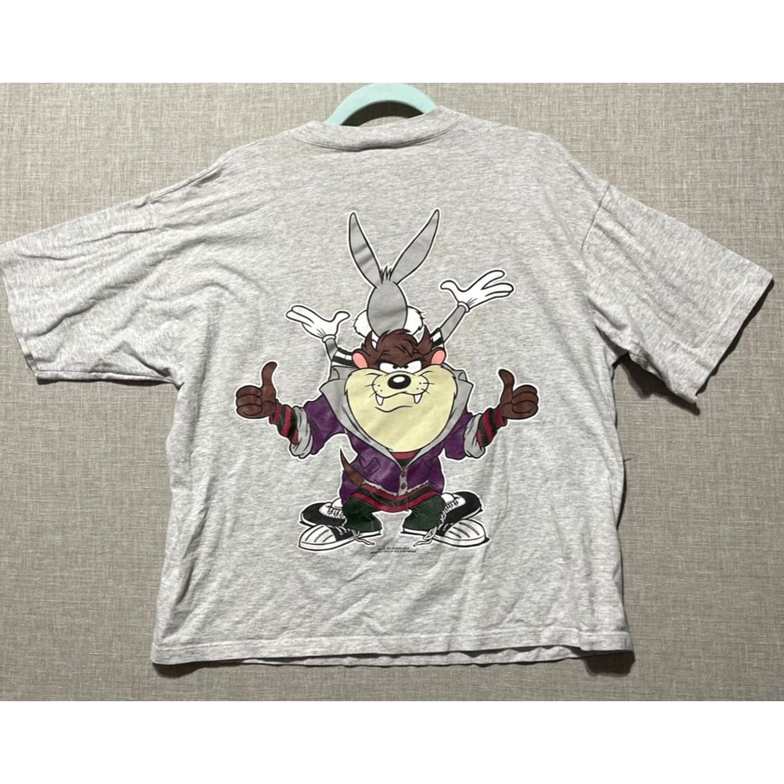 Vintage VINTAGE Looney Tunes Shirt Gray Crop Double Graphics Bugs Bunny Taz Gangster Hip Hop Cartoon 90s Short Sleeve Adult M Womens Mens Size US M / EU 48-50 / 2 - 7 Thumbnail