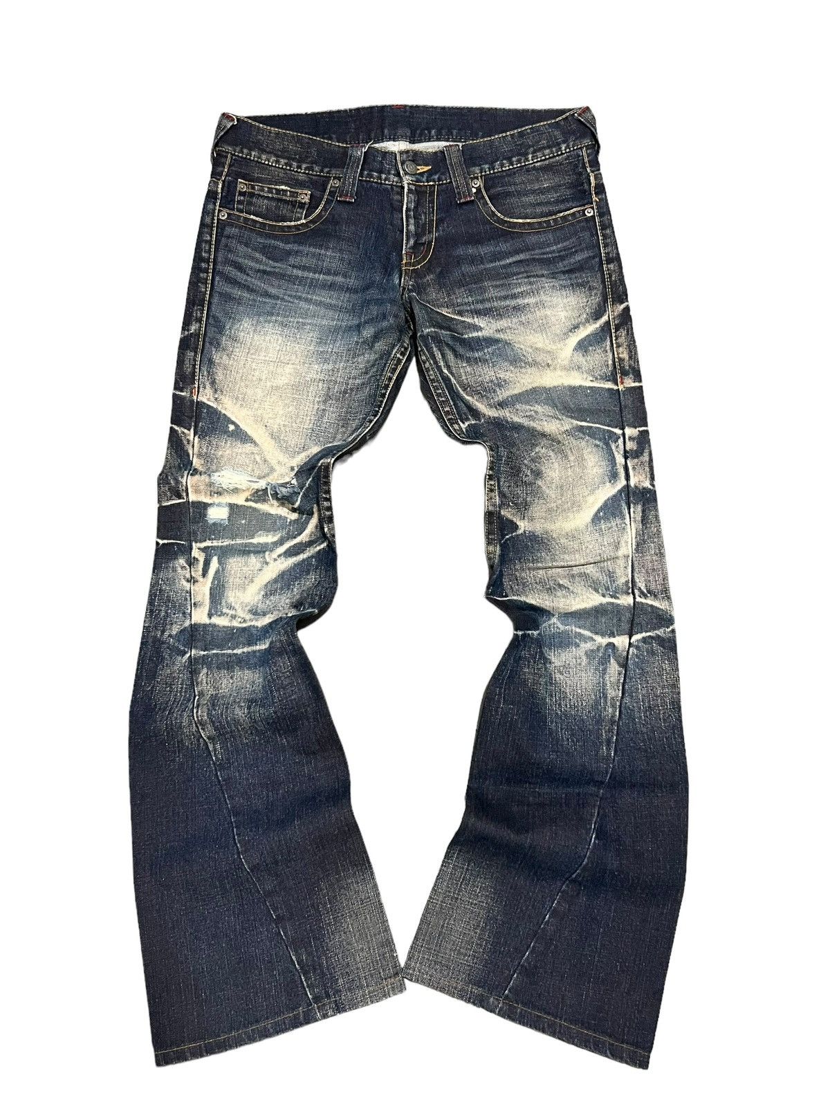 image of Archival Clothing x Tornado Mart Mud Wash Spiral Cut Flared Jeans in Indigo, Men's (Size 34)