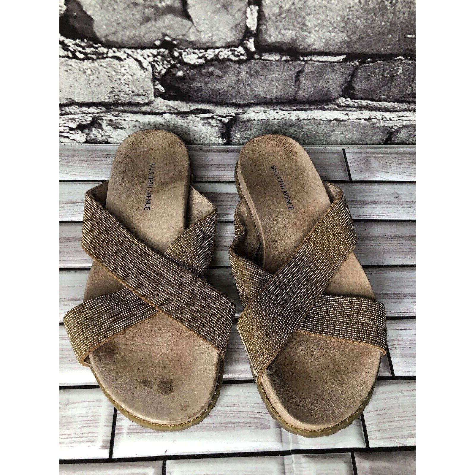 Saks Fifth Avenue Saks Fifth Avenue Tan Gold Beaded Slide Leather Casual Sanda Size US 6 / IT 36 - 14 Thumbnail