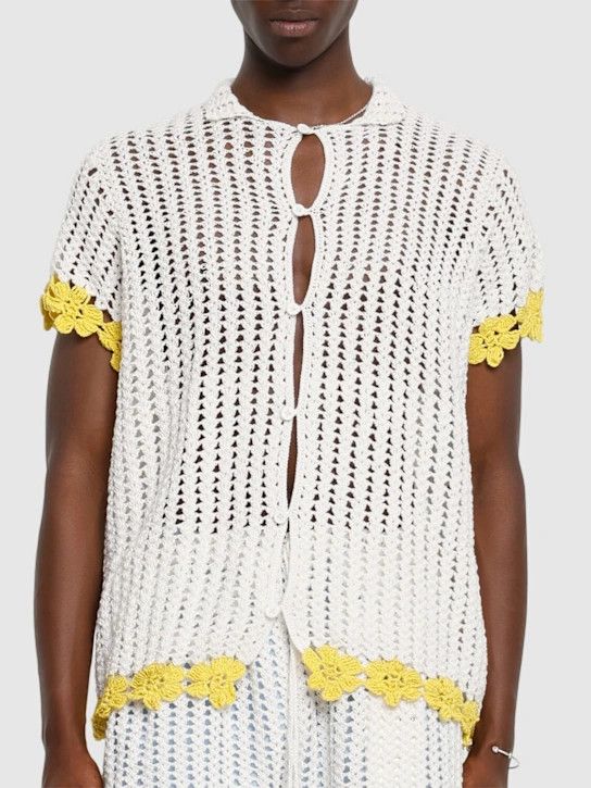 HARAGO o1lsvrm0425 Crochet Cotton S/S Shirt in White Size US XS / EU 42 / 0 - 4 Thumbnail