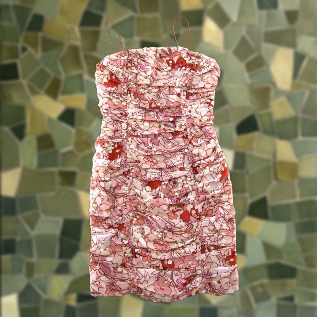 Pinko BTFL-Life Pink Orange Floral Embroidered Metallic Gold Ruched Bodycon Dress S Size S / US 4 / IT 40 - 1 Thumbnail