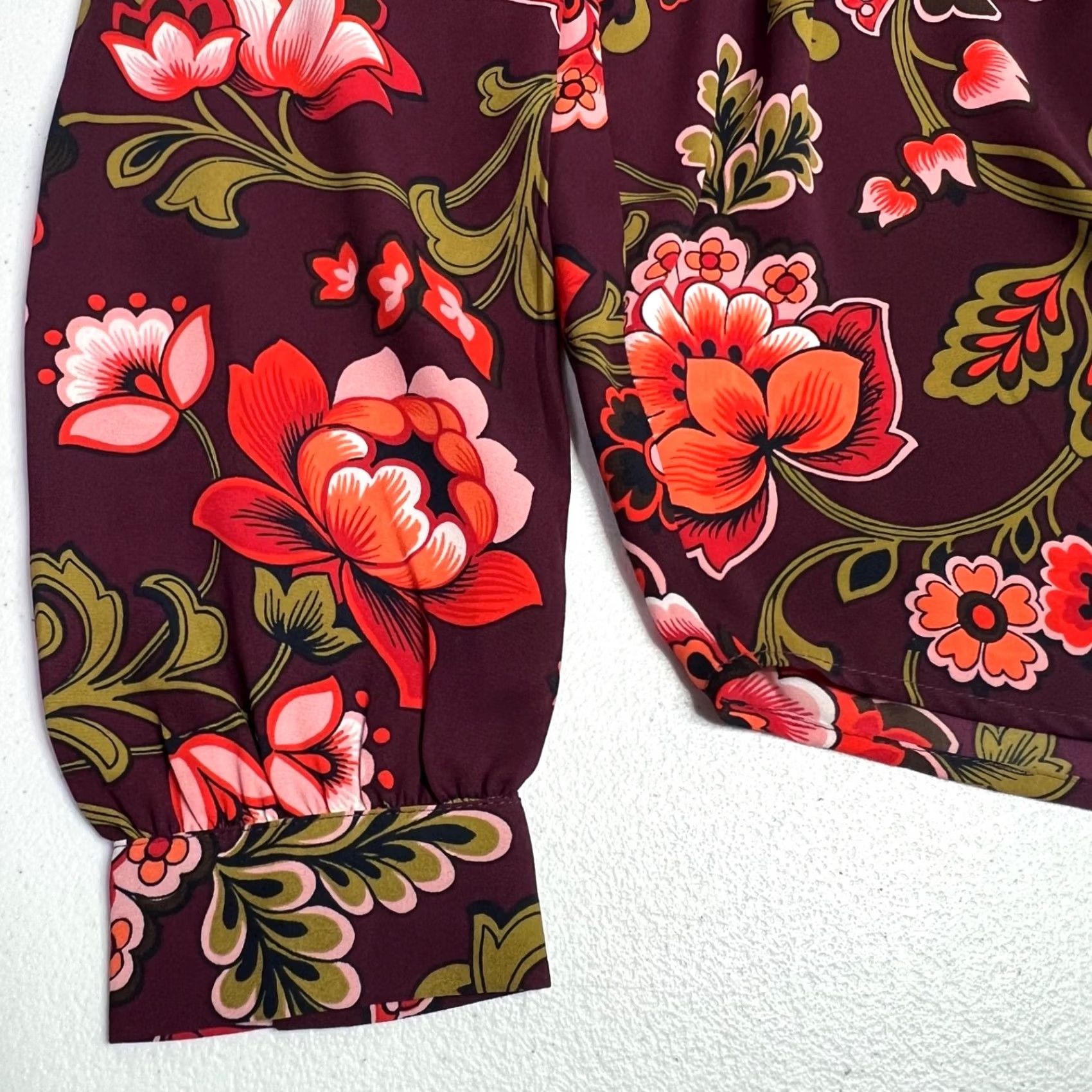 Loft LOFT Floral Crochet Long Sleeve Ruffle Top Womens XS Burgundy Red Olive Green Boho OfficeBlouse Size XS / US 0-2 / IT 36-38 - 7 Thumbnail