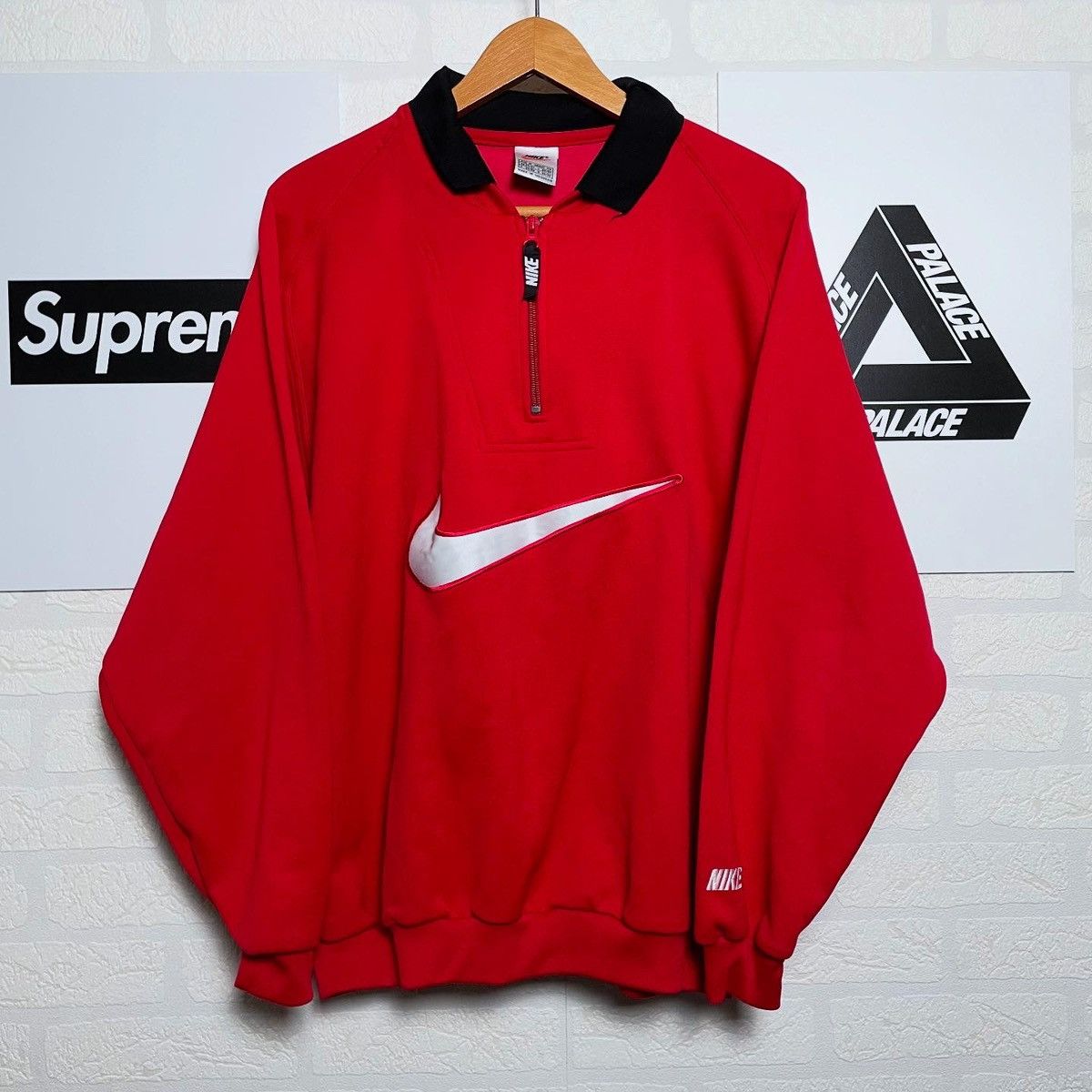 Nike × Vintage Vintage sweatshirt nike big swoosh 90s Red half zip Size US M / EU 48-50 / 2 - 1 Thumbnail