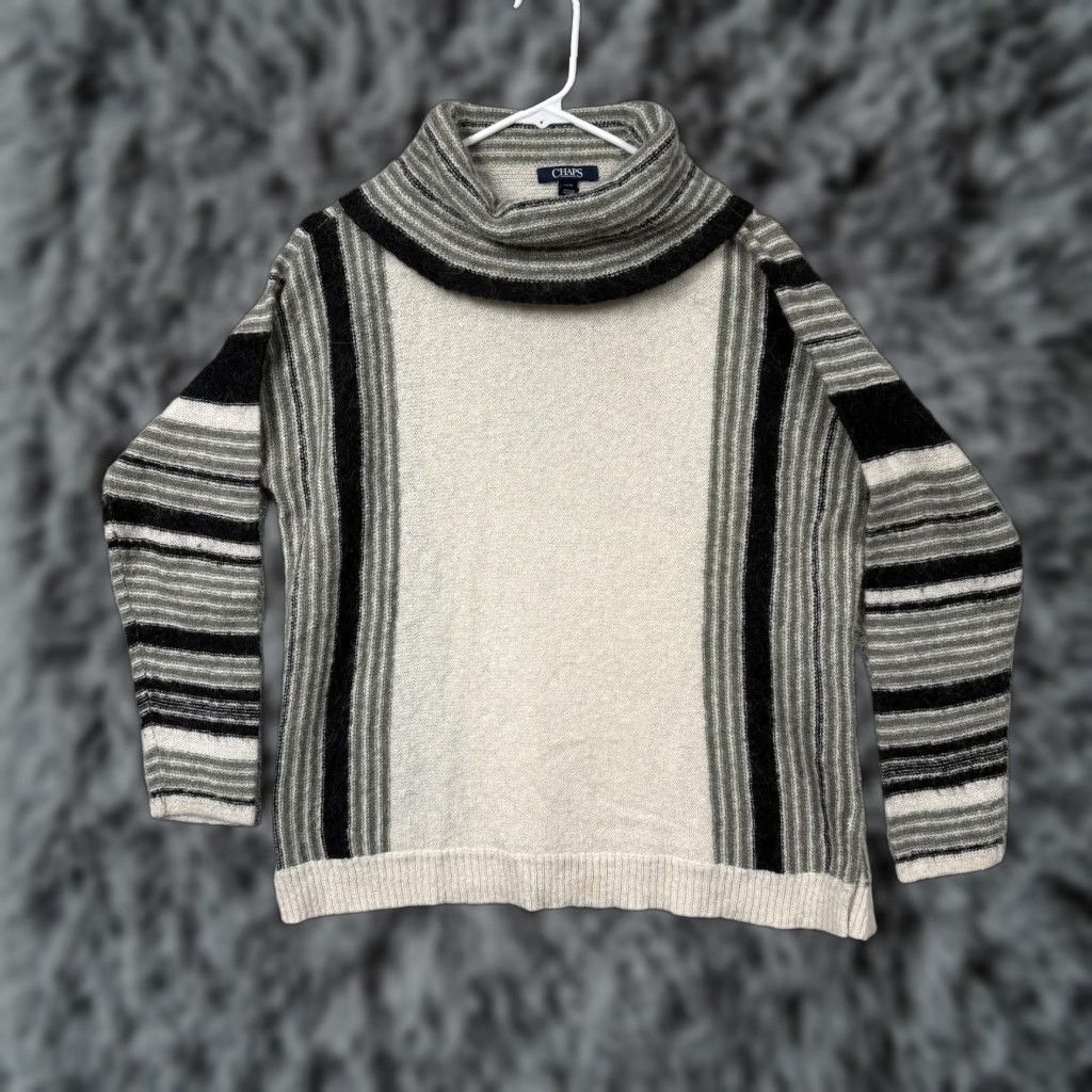 Chaps Chaps Sweater Womens L Cream Black Striped Cowl Neck Knit Boho Winter Cozy Knit Wool Acrylic Nylon Ruched? Size L / US 10 / IT 46 - 1 Thumbnail