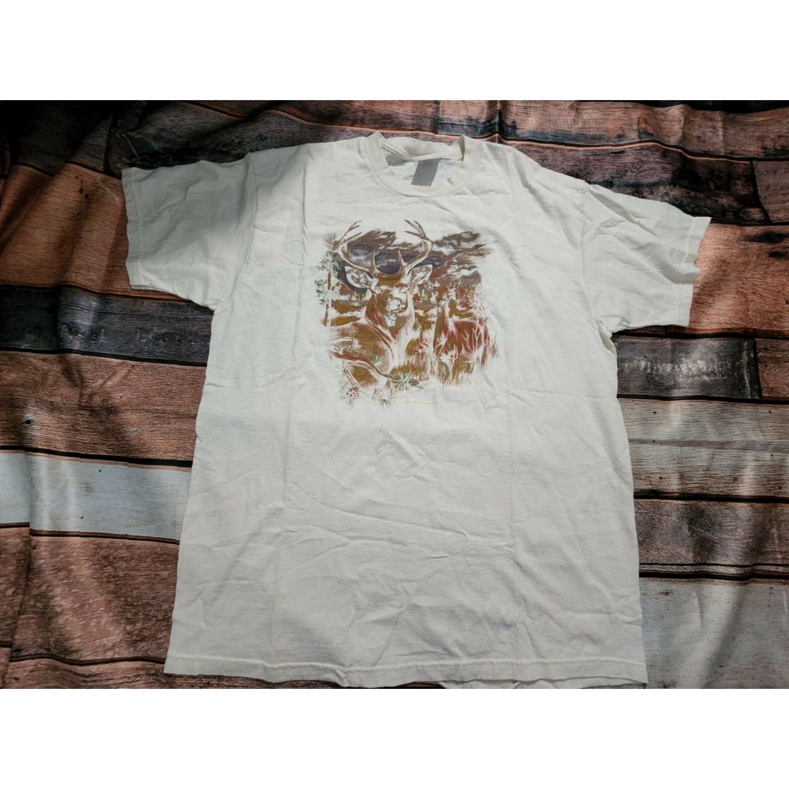 Vintage VINTAGE Global Sport Mens XL Short Sleeve Crew Neck Deer in Headlights Graphic T Shirt Ivory Size US XL / EU 56 / 4 - 2 Thumbnail