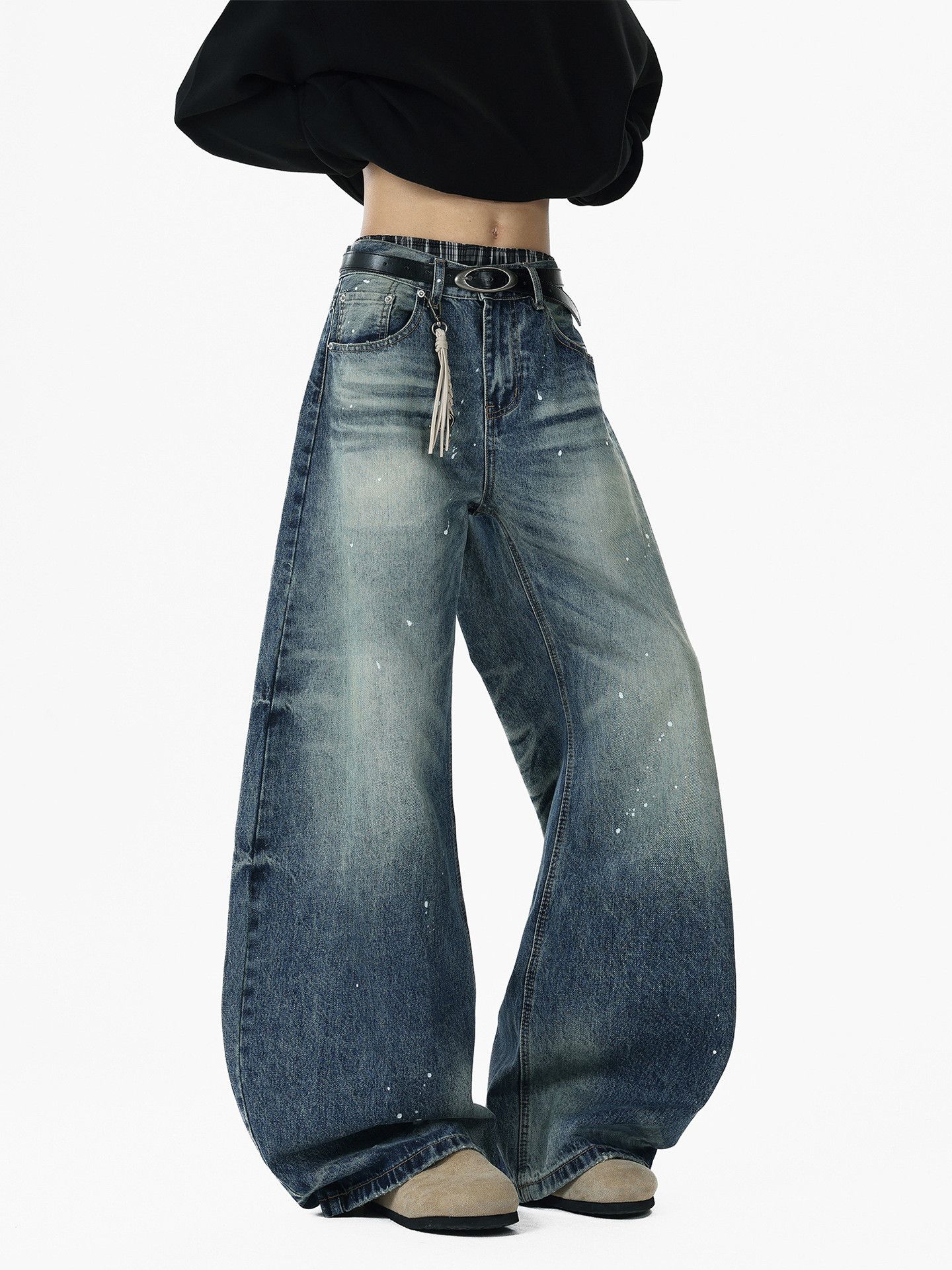 Vintage Retro Washed Distressed Splatter-Painted Curved-Leg Jeans Size US 32 / EU 48 - 5 Thumbnail