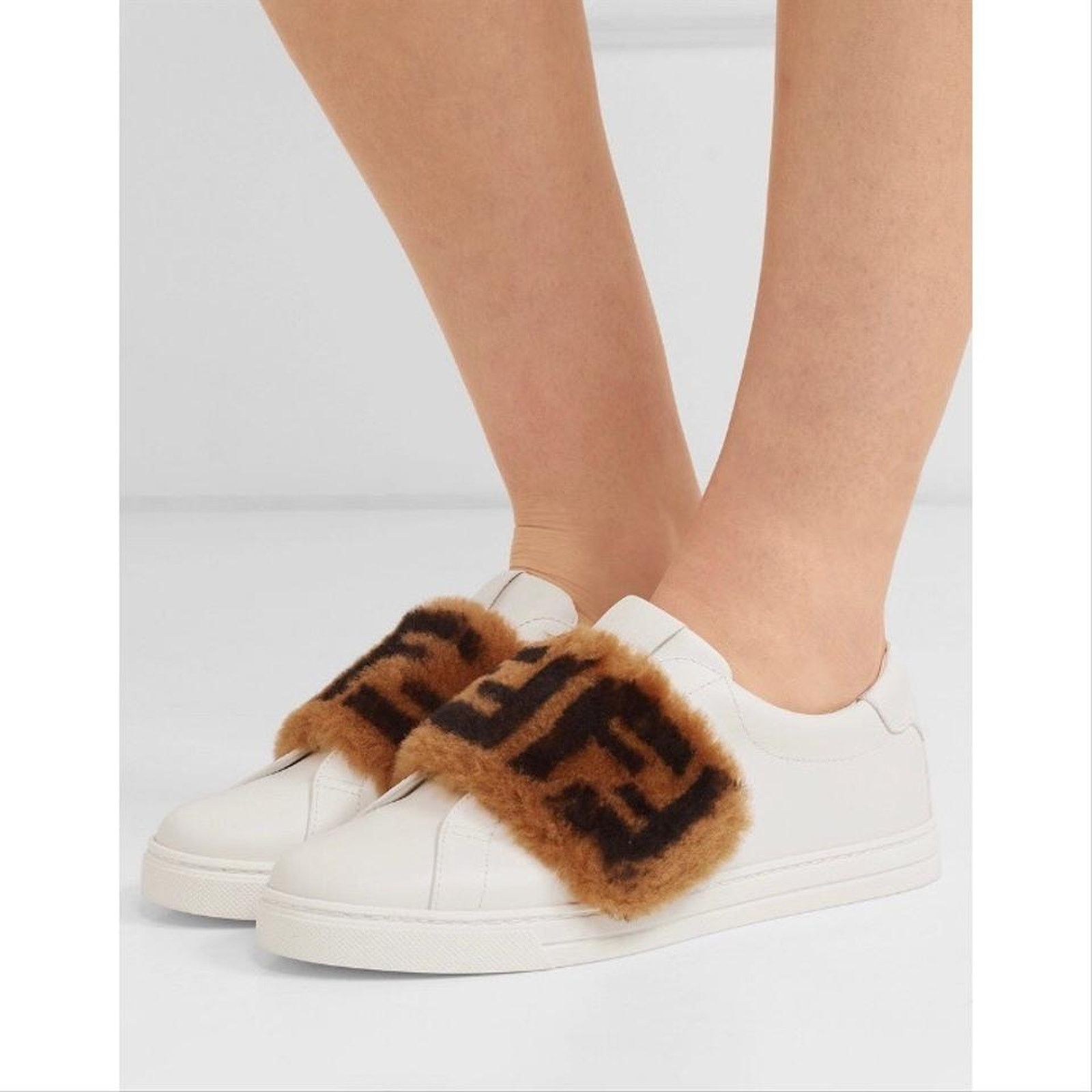 Fendi FENDI FF logo motif shearling fur panel leather sneakers Size US 5.5 / IT 35.5 - 2 Thumbnail