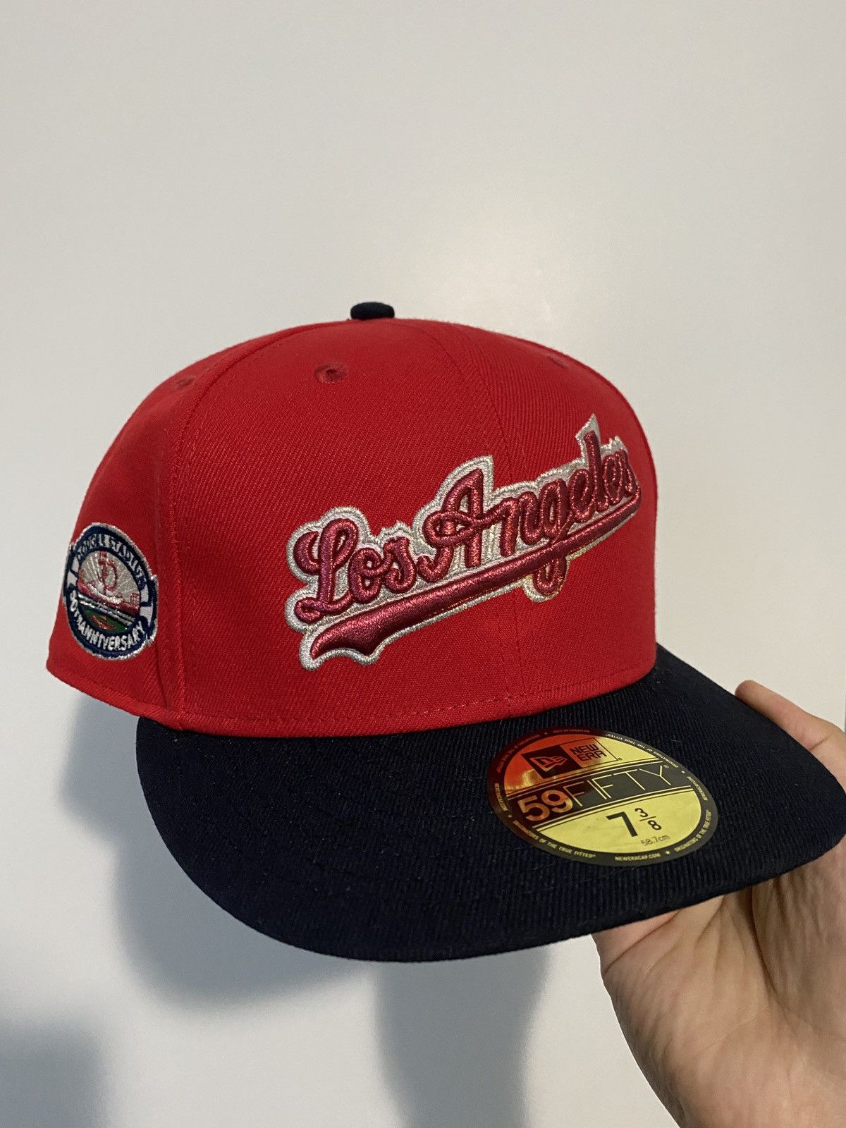 image of New Era Los Angeles Dodgers Script Logo Fitted Size 7 3/8 in Red, Men's