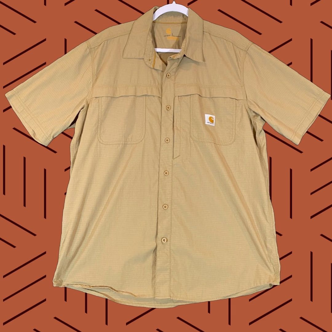 Carhartt VINTAGE Carhartt Shirt Mens Large Relaxed Fit Short Sleeve Button Up Cotton Nylon Brown Outdoors Reflective Chest Size US L / EU 52-54 / 3 - 1 Thumbnail