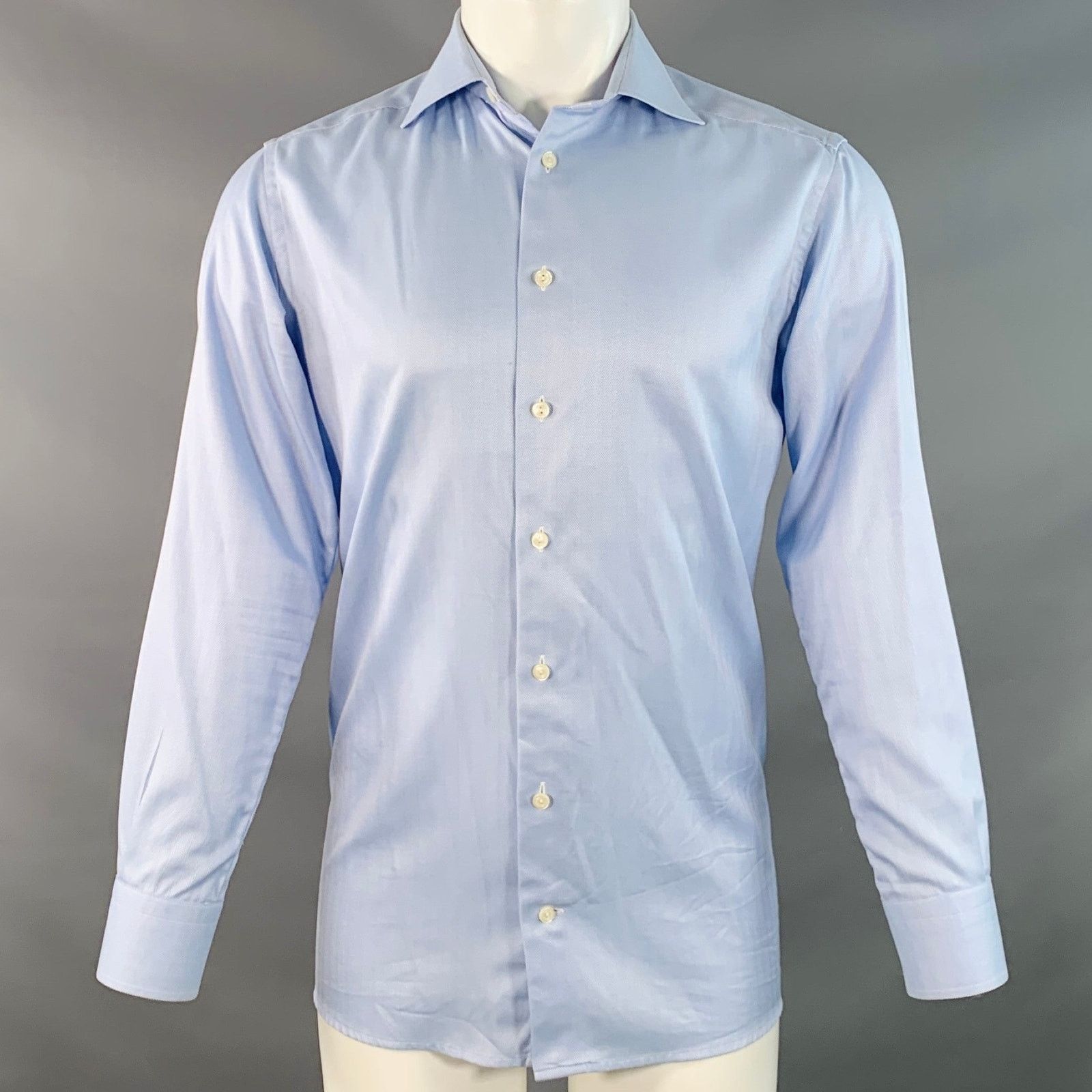 Eton S Blue Herringbone Cotton Curved Cutaway Long Sleeve Shirt Size US S / EU 44-46 / 1 - 1 Thumbnail