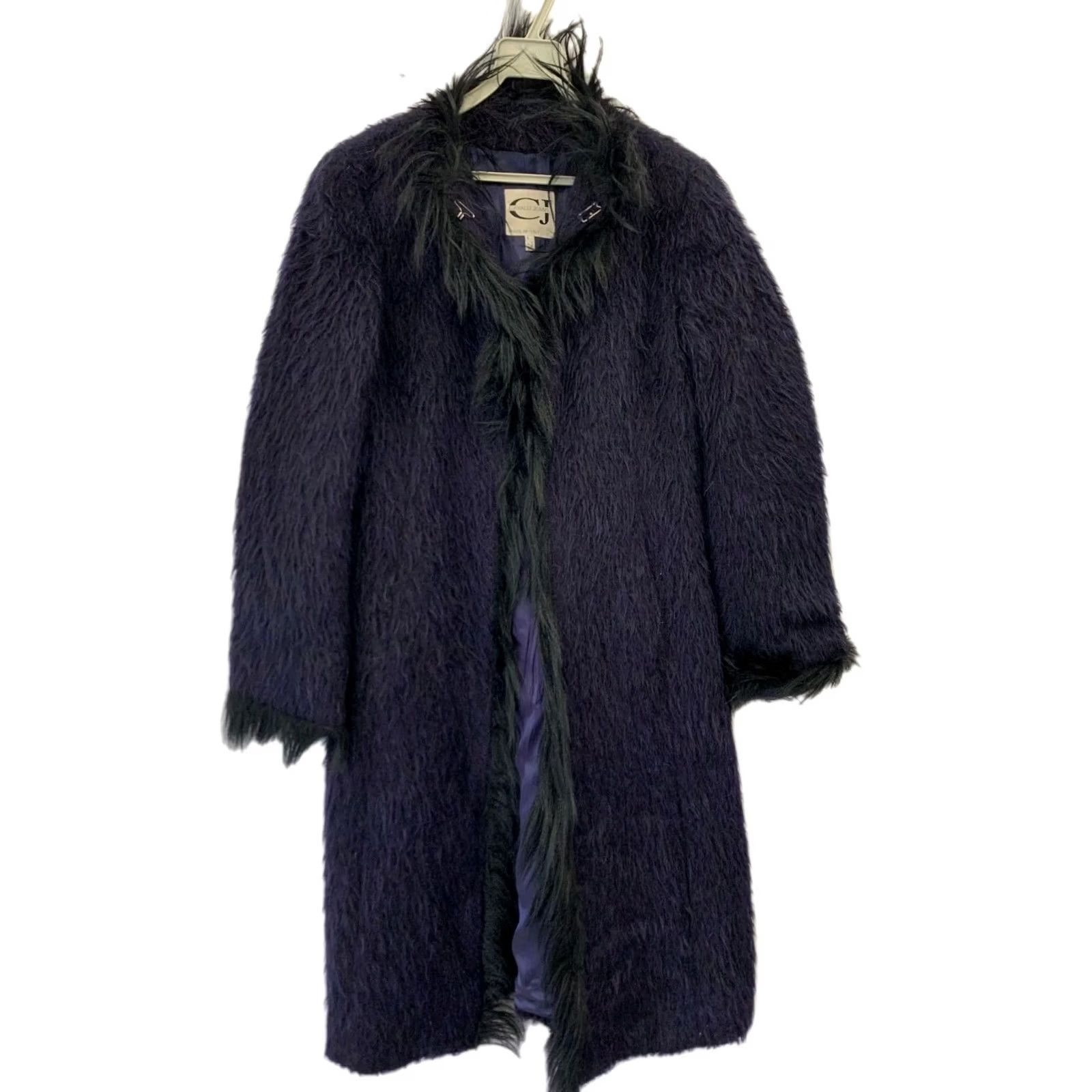 Vintage VINTAGE Cavalli Jeans Faux Fur Long Coat Purple Green Trim Women’s 8 CJ Made in Italy Overcoat 42 inch Fur Trim Womens Size 30" / US 8 / IT 44 - 2 Thumbnail