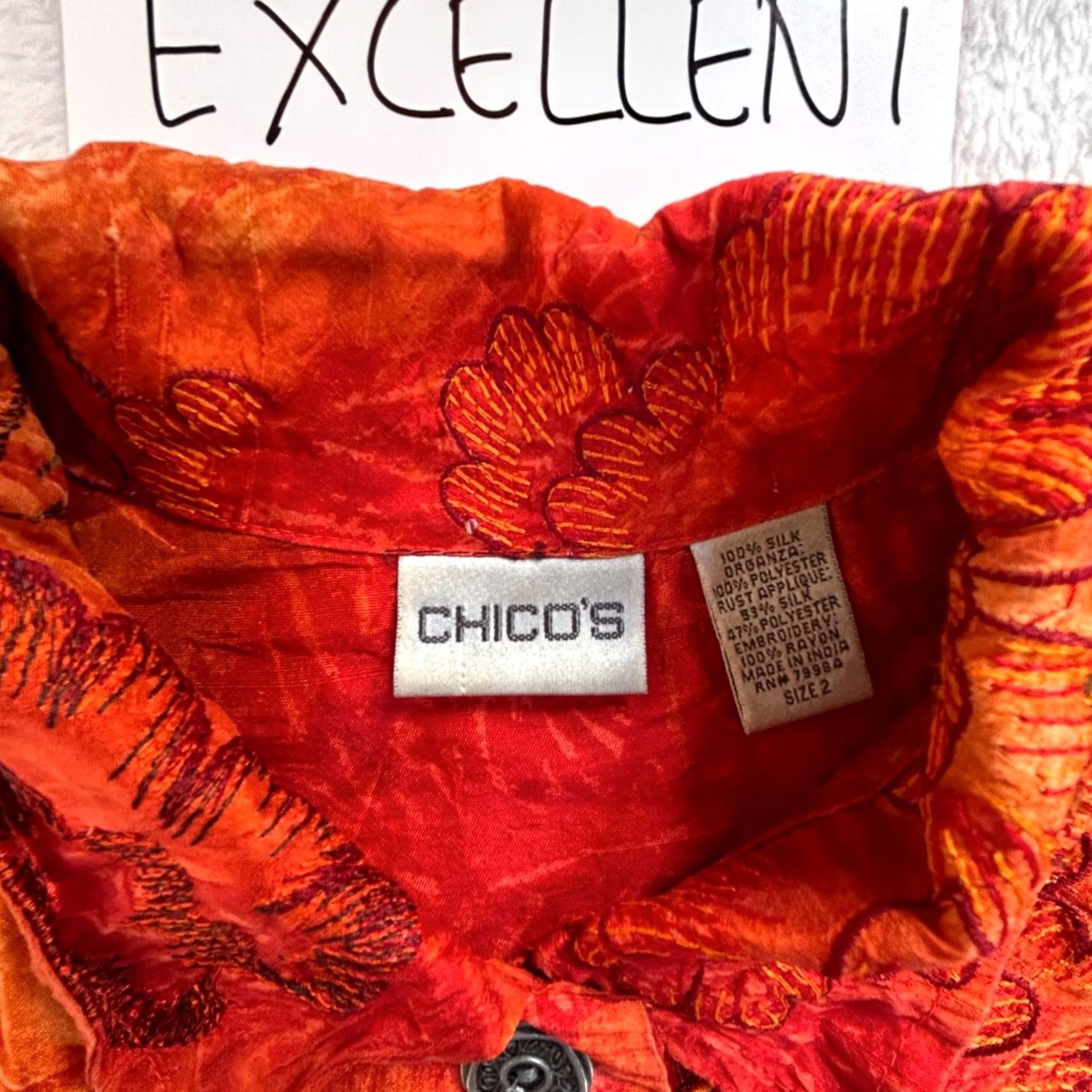 Vintage Chicos Womens Floral Embroidered Applique Jacket Size 2 Silk Red Orange Button Size XS / US 0-2 / IT 36-38 - 4 Thumbnail