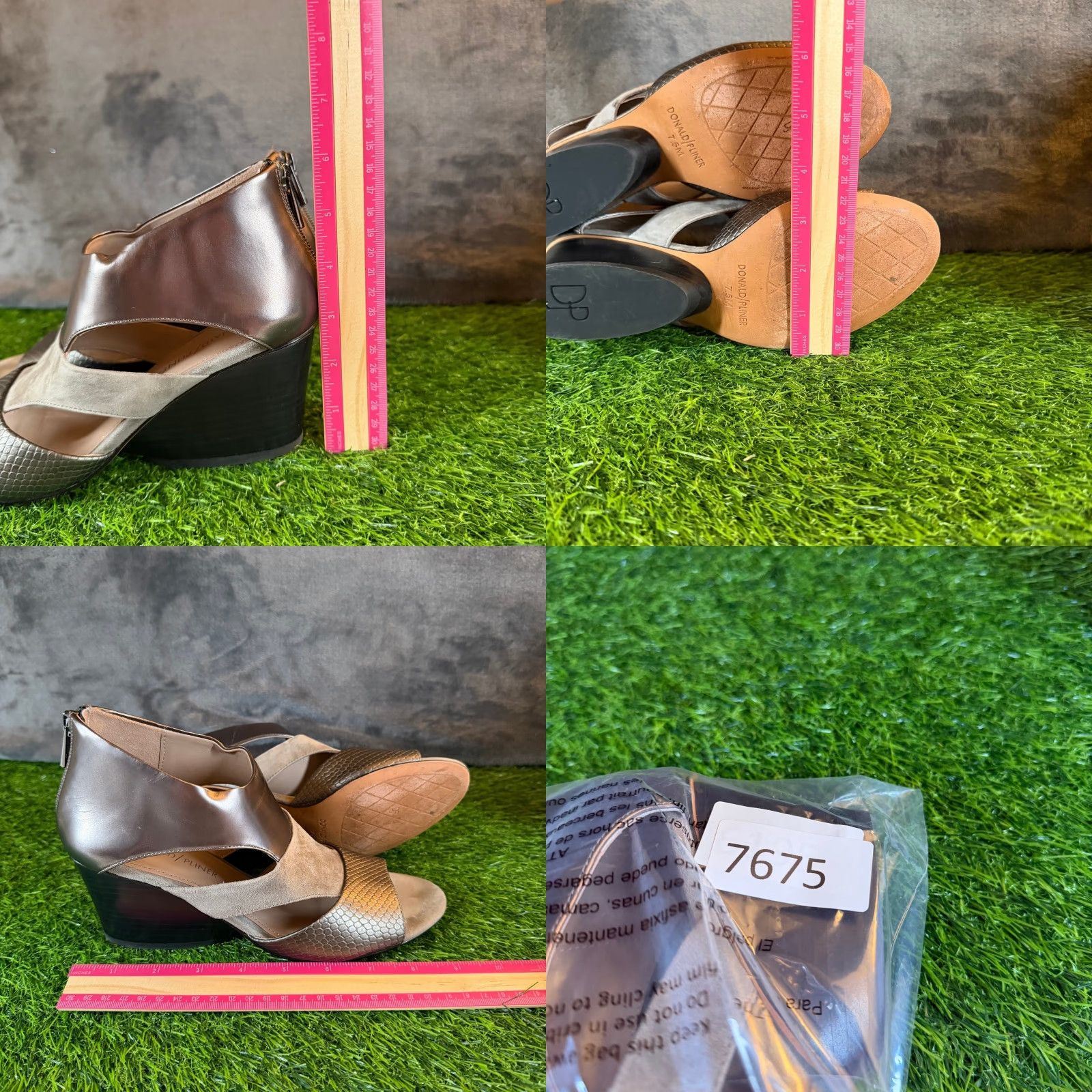 Donald Pliner Donald J Pliner Jenkin Sandal Womens 7.5M Heel Wedge Leather Suede Snakeskin Metallic Pewter Peep Toe Zip Size US 8 / IT 38 - 9 Thumbnail