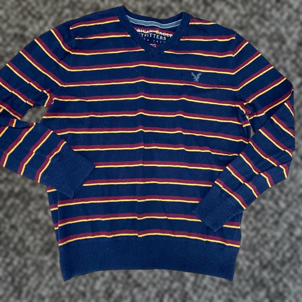 American Eagle Outfitters American Eagle Sweater Mens XL Navy Blue Striped V Neck Long Sleeve Pullover Size US XL / EU 56 / 4 - 1 Thumbnail