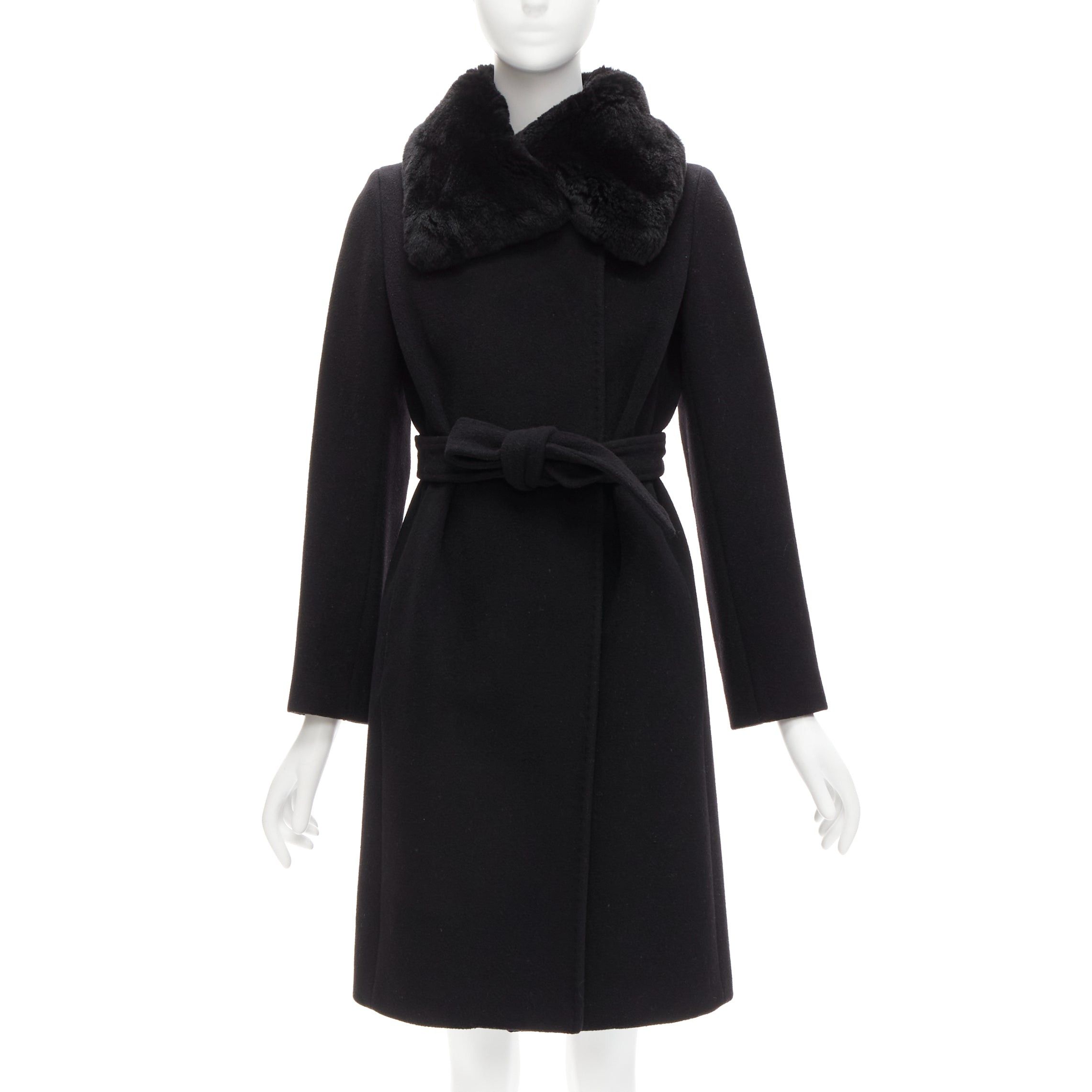 image of Max Mara Black Fur Collar Virgin Wool Cashmere Belted Coat It38 Xs, Women's