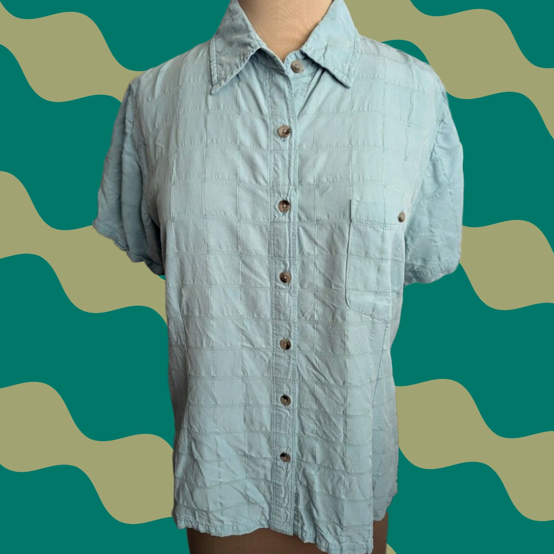 Vintage Allegheny Trail Light Blue Textured Windowpane Grid Short Sleeve Button Up Shirt Womens L Size L / US 10 / IT 46 - 1 Thumbnail