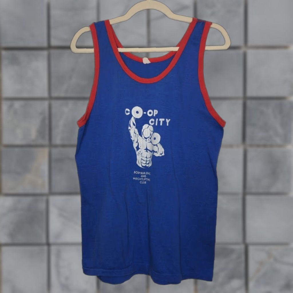 CO VINTAGE 60s 70s Co Op City Bodybuilding Weightlifting Club Tank Top Shirt Unisex Adults M Blue Size US M / EU 48-50 / 2 - 1 Thumbnail