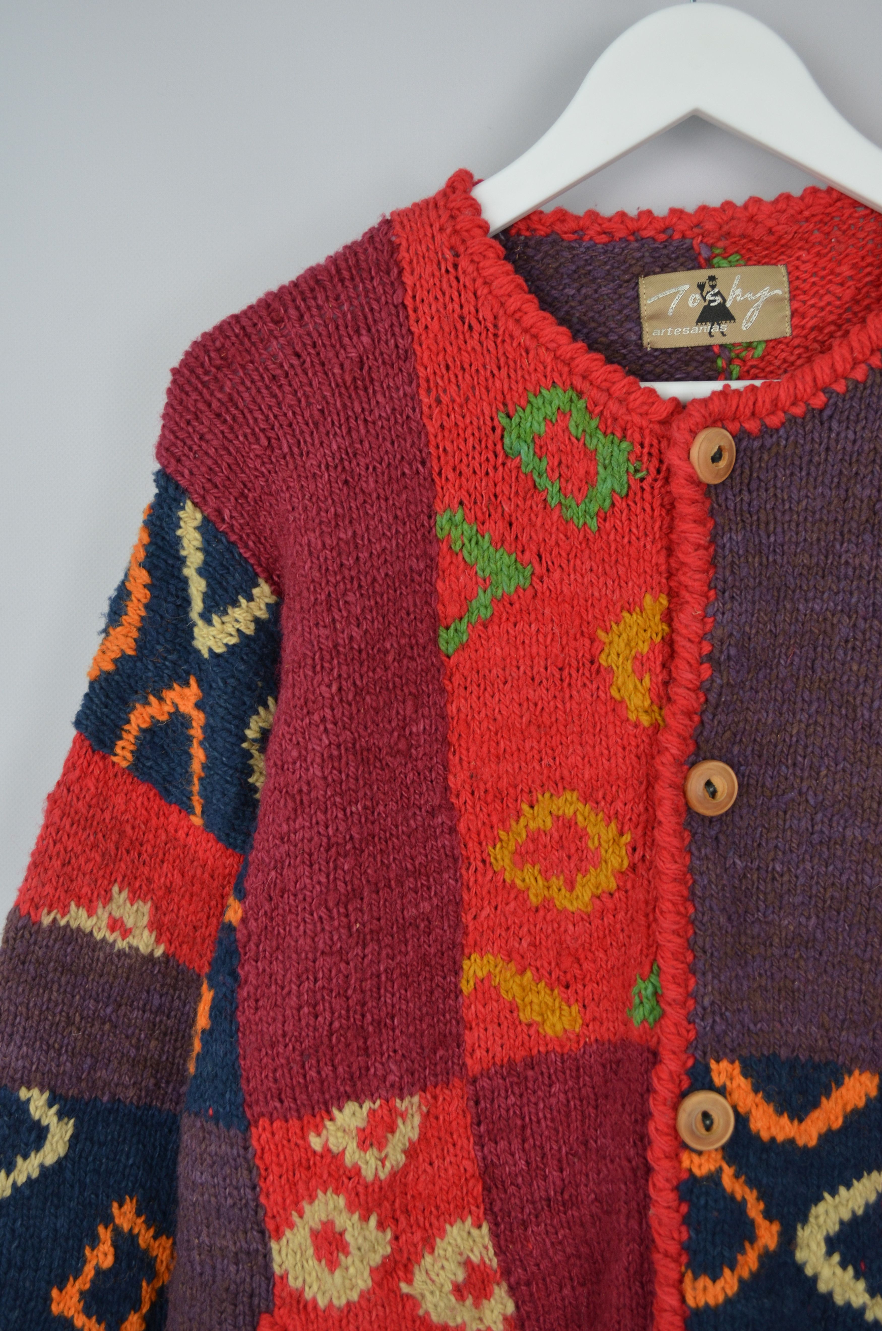 Designer × Handmade Vtg Bolivian Toshy Wool Multicolor Heavy Cardigan Sweater OS Size L / US 10 / IT 46 - 8 Thumbnail