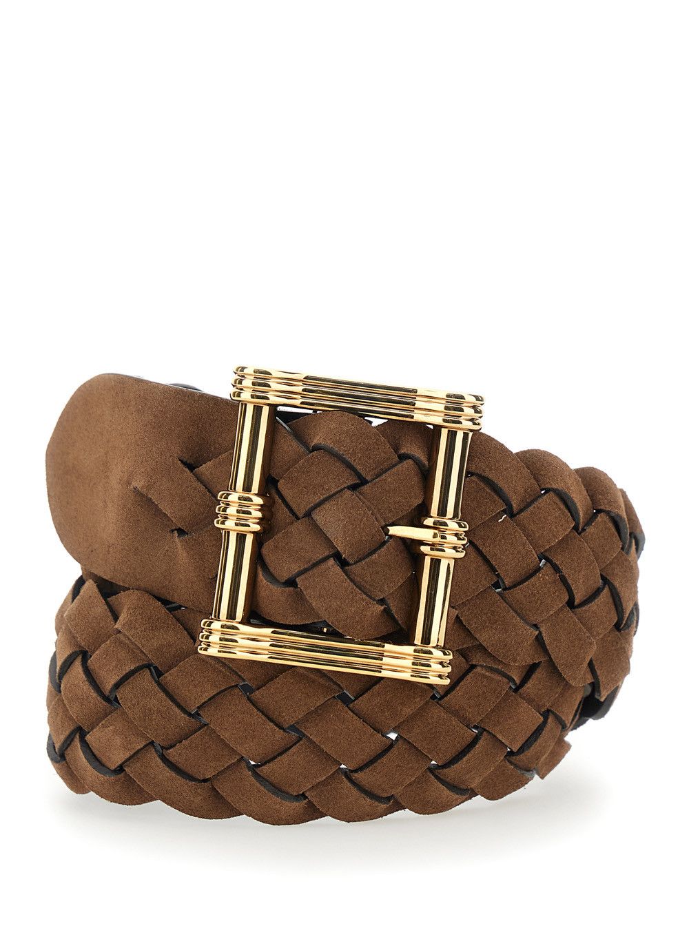 Brown Belt with Intrecciato Motif and Front Buckle Closure in Suede Woman
