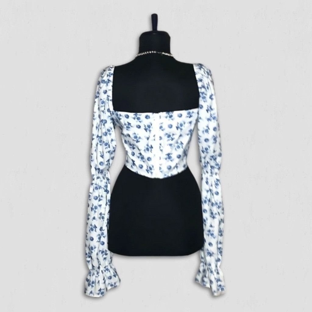 Vintage Y2K boho Cropped Top Tie Trumpet Sleeves Floral Blue White M Size M / US 6-8 / IT 42-44 - 4 Thumbnail