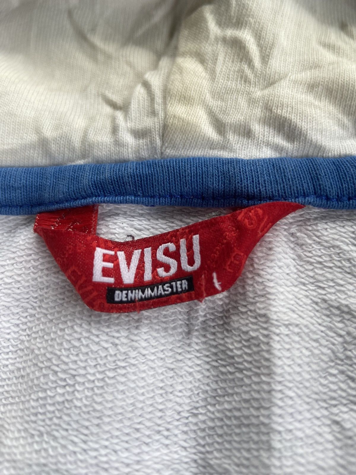 Evisu full-zip hoodie multicolored seagull and logo pattern.
