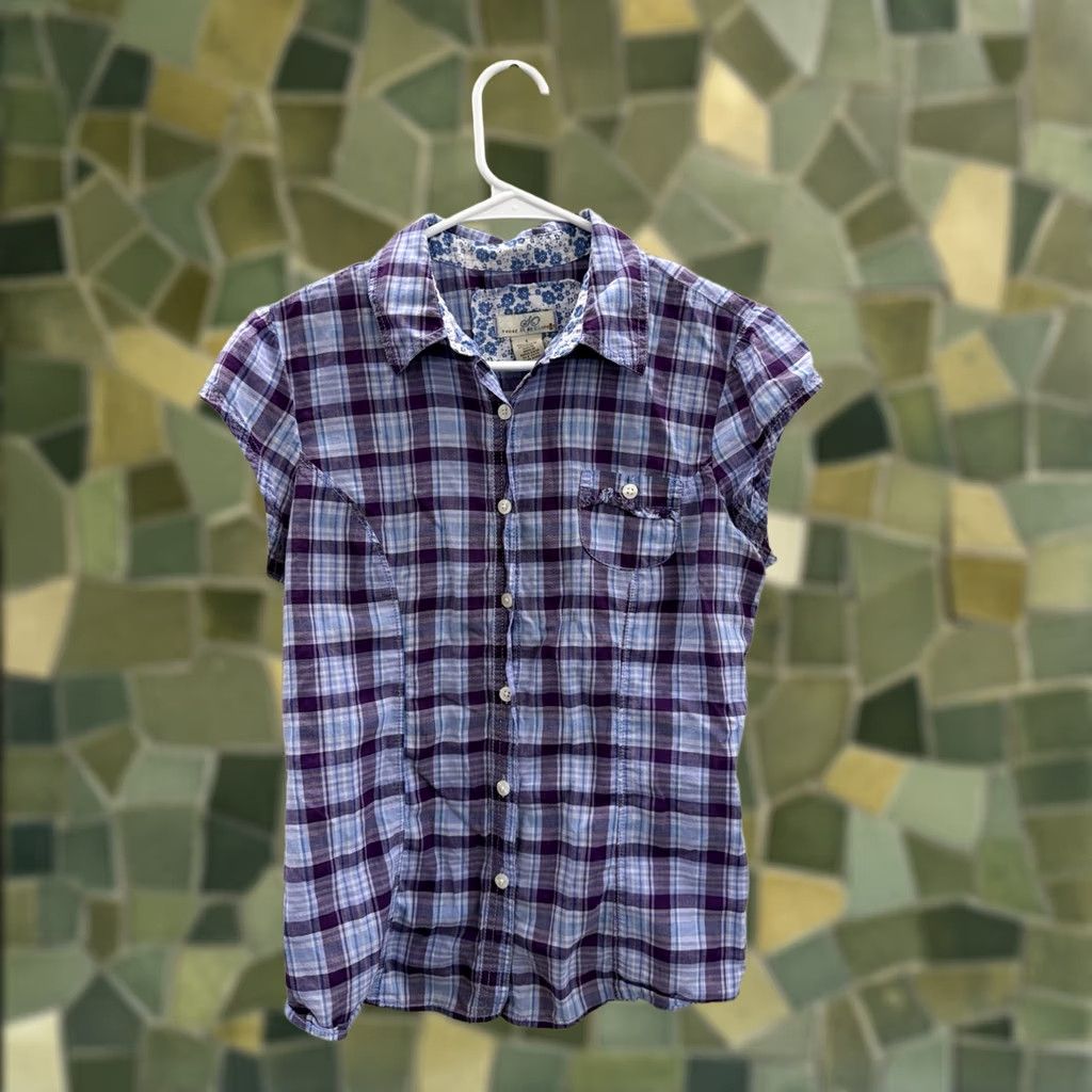 Vintage SO Blouse Shirt Purple Plaid Cap Sleeve Collared 2000s Y2K Women Regular L XS? Size L / US 10 / IT 46 - 1 Thumbnail