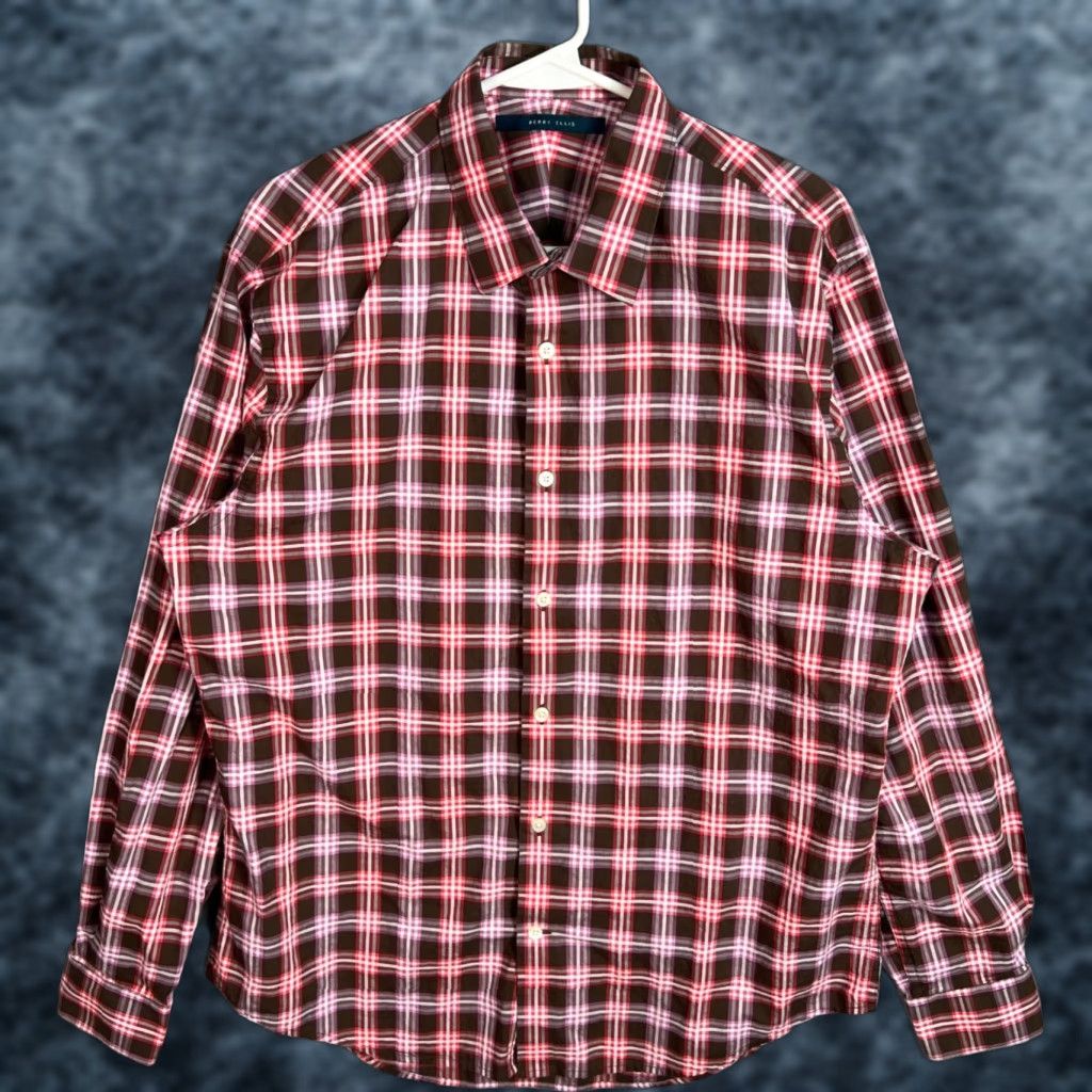 Perry Ellis Perry Ellis Mens Button-Up Shirt Long Sleeve Plaid Cotton Multicolor Large Brown Pink Red Modern Casual Business Shirt Mens L Size US L / EU 52-54 / 3 - 1 Thumbnail
