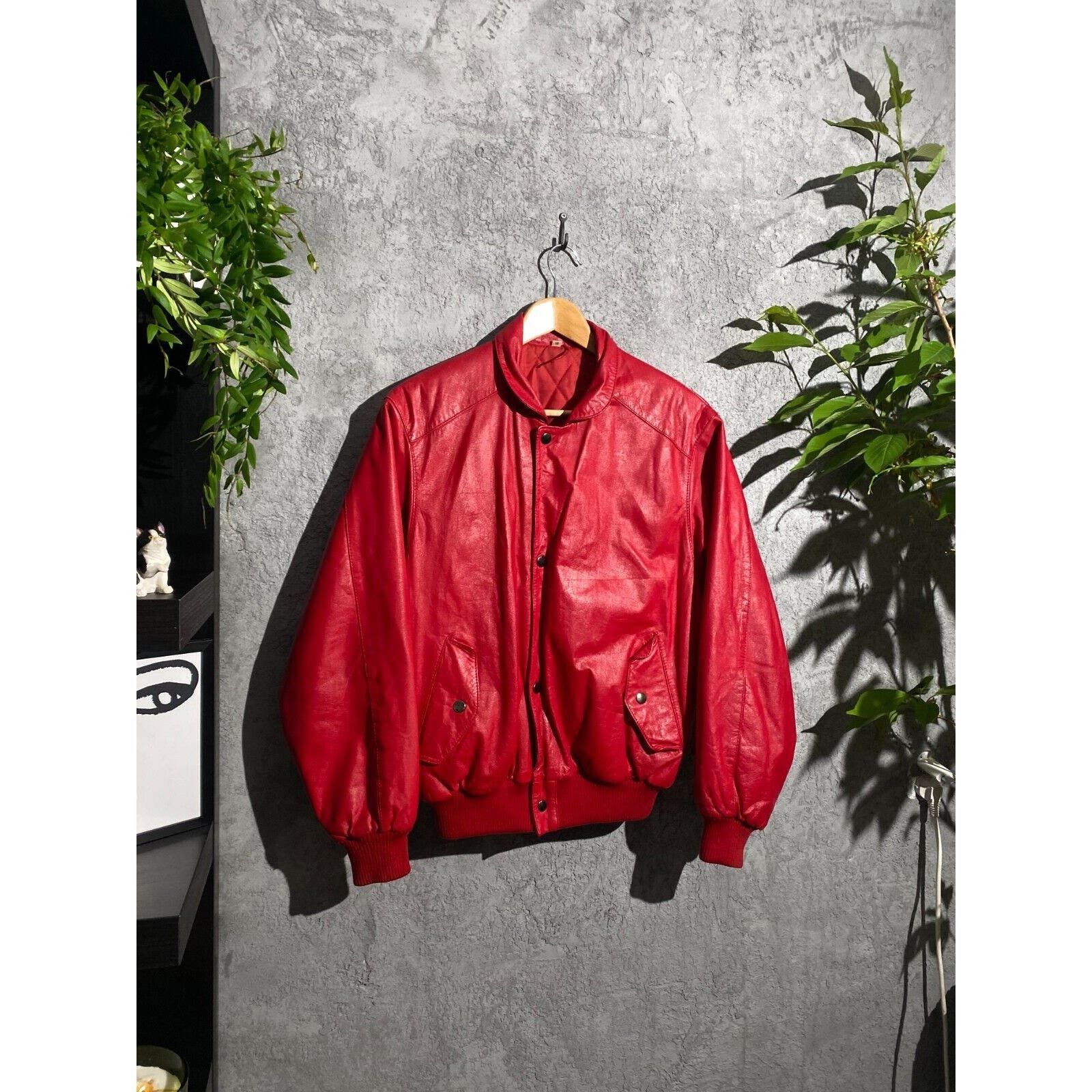 image of Vintage VTG Red Leather Bomber Jacket Tyler Durden Movie Fight Club, Men's (Size Medium)
