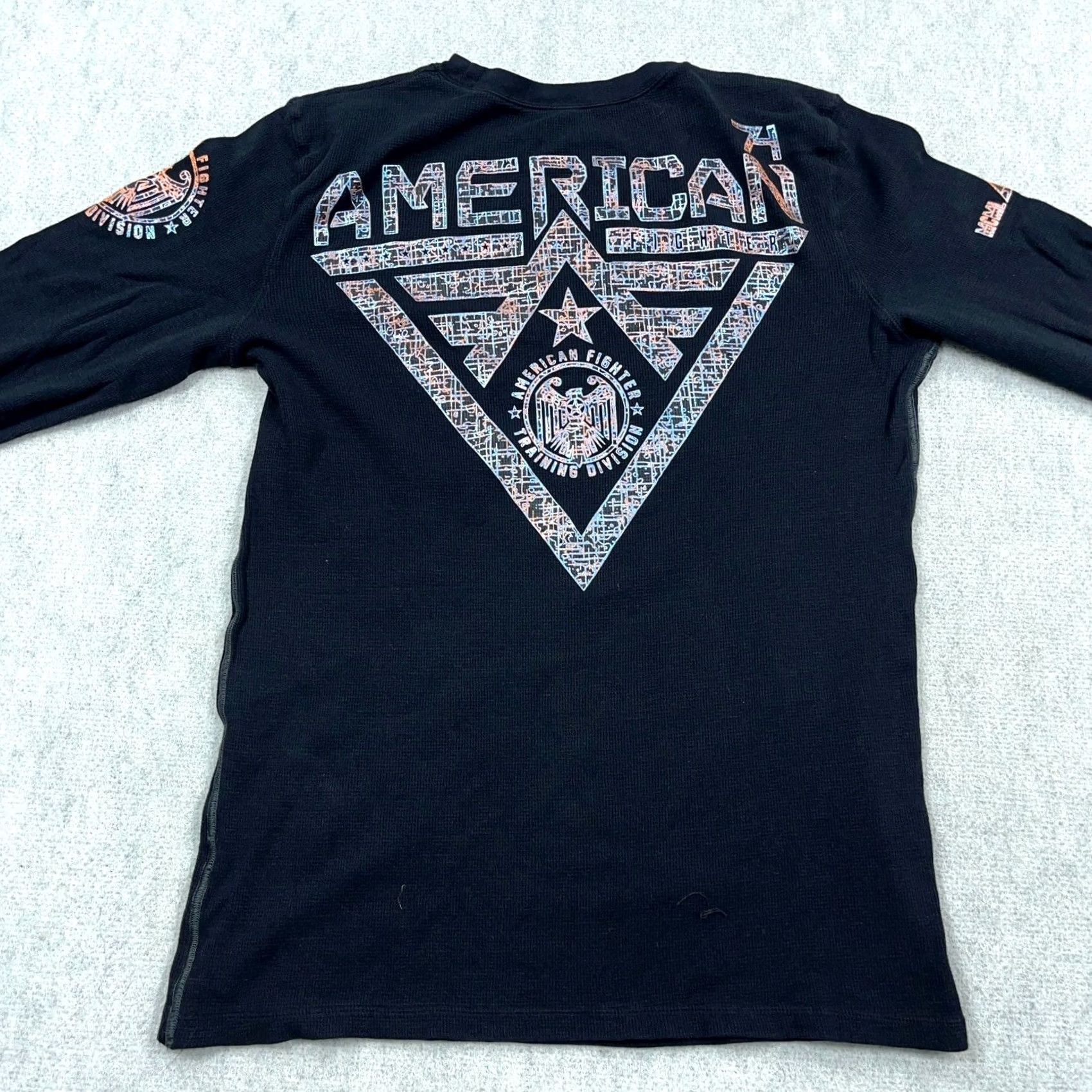 Vintage American Fighter Shirt Men L Black Long Sleeve Thermal Waffle Knit Tee MMA Size US L / EU 52-54 / 3 - 3 Thumbnail