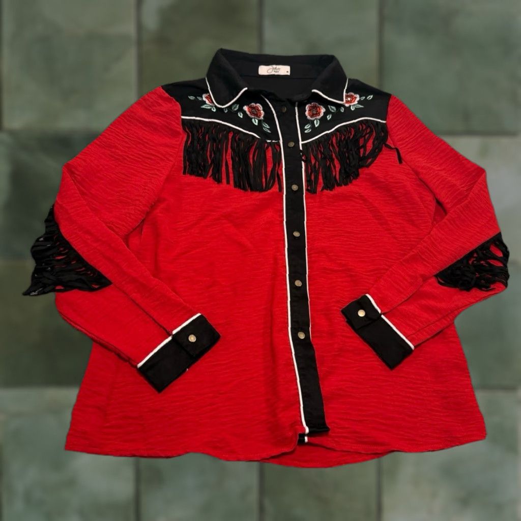 John Moore John Moon Texas Western Fringe Button-Up Long Sleeve Top Red Size M Multicolor Western Women Size M / US 6-8 / IT 42-44 - 1 Thumbnail