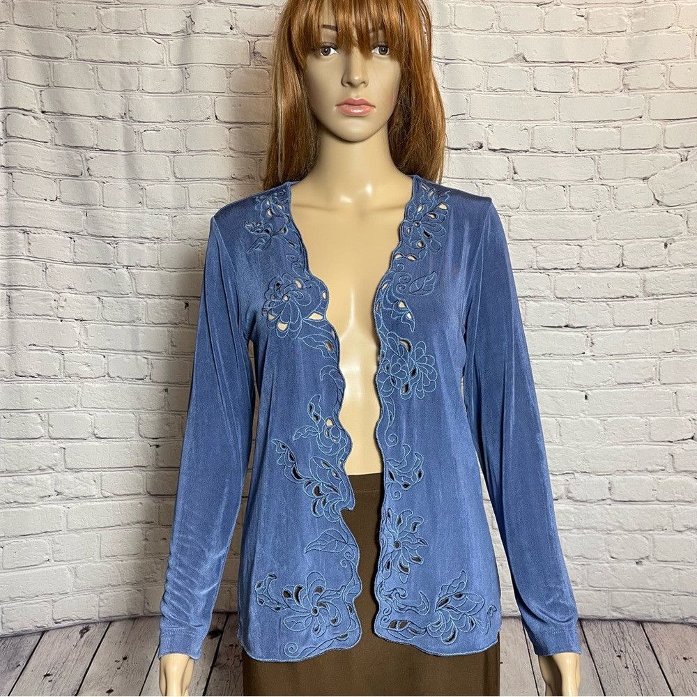 Chicos Chico's Travelers Blue Liquid Knit Embroidered Open Front C Size S / US 4 / IT 40 - 1 Thumbnail
