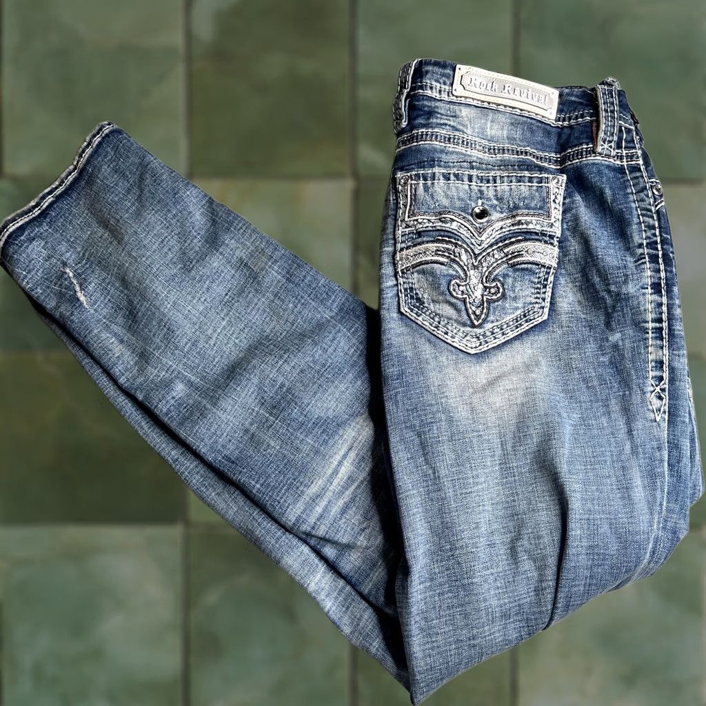 Vintage Rock Revival Jeans Mens 36x32 Blue Vien Easy Straight Rhinestone Pockets Denim Size US 34 / EU 50 - 1 Thumbnail