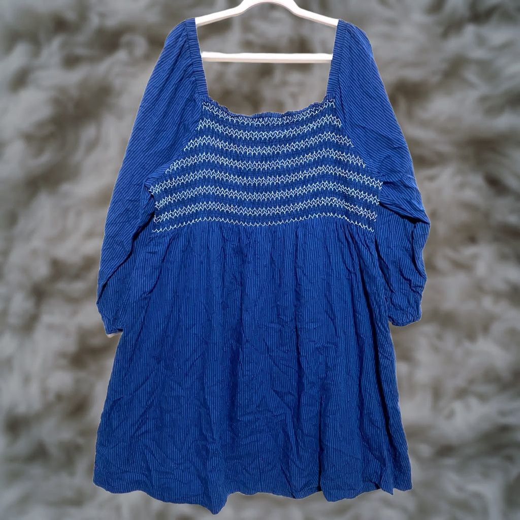 Vintage Draper James Dress Plus 3X Blue Puff Sleeve Smocked Milkmaid Prairie Cottagecore Midi A-Line Women's Casual Wedding Workwear Square Neck Size XXL / US 16-18 / IT 52-54 - 1 Thumbnail