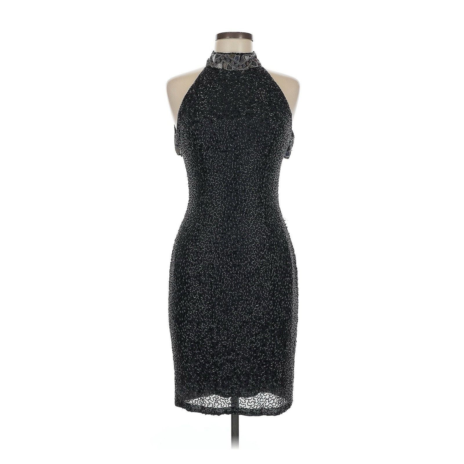Black Tie Oleg Cassini Sequin Silk Halter Beaded Mini Dress