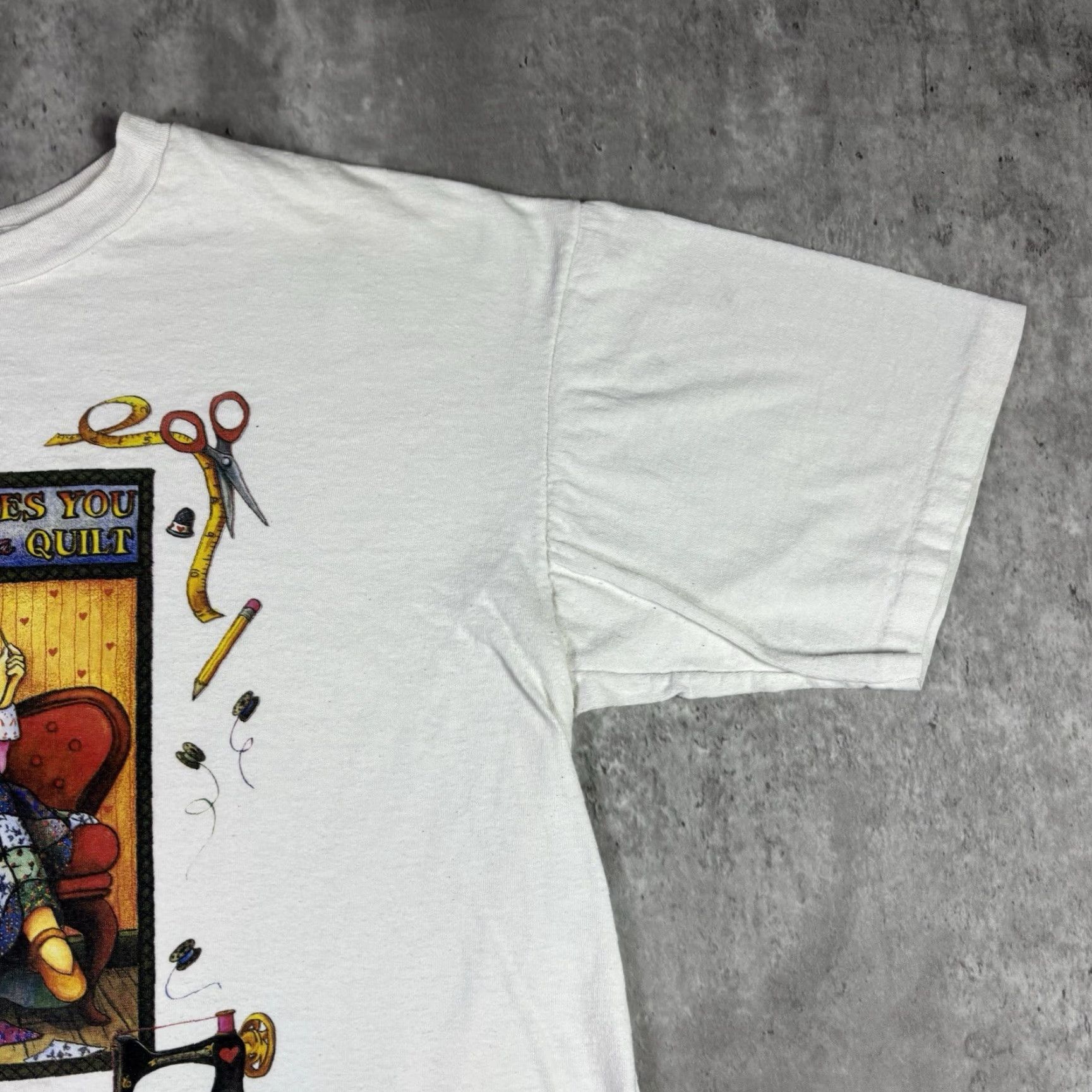 Vintage VINTAGE Women’s Knitting Art T Shirt 90s Single Stitch XL White Cotton Graphic Print Crew Neck Short Sleeve Size XL / US 12-14 / IT 48-50 - 7 Thumbnail