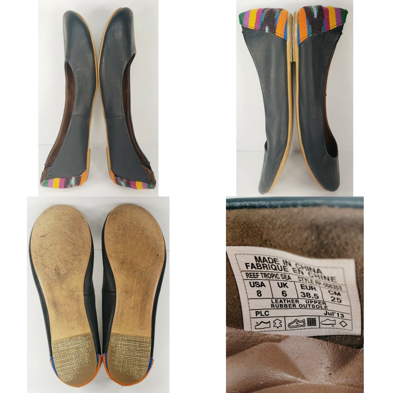 REEF Reef Tropic Sea Women's Ballet Flats 8M Black Leather Striped Heel, Casual, Flat Shoes, Slip On, Arch Support Size US 8 / IT 38 - 8 Thumbnail