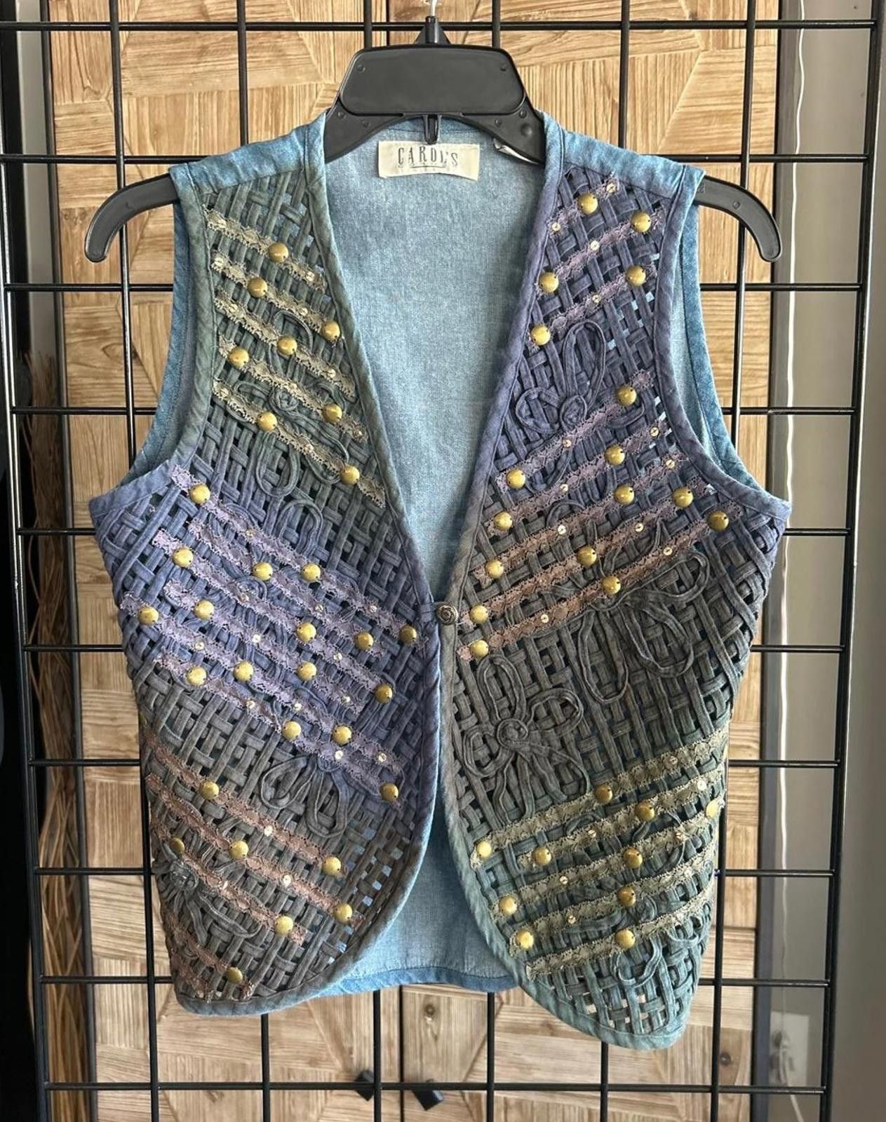 Designer Vintage Carols Corner Lattice Denim Vest Sz Small Blue Grey Size S / US 4 / IT 40 - 1 Thumbnail