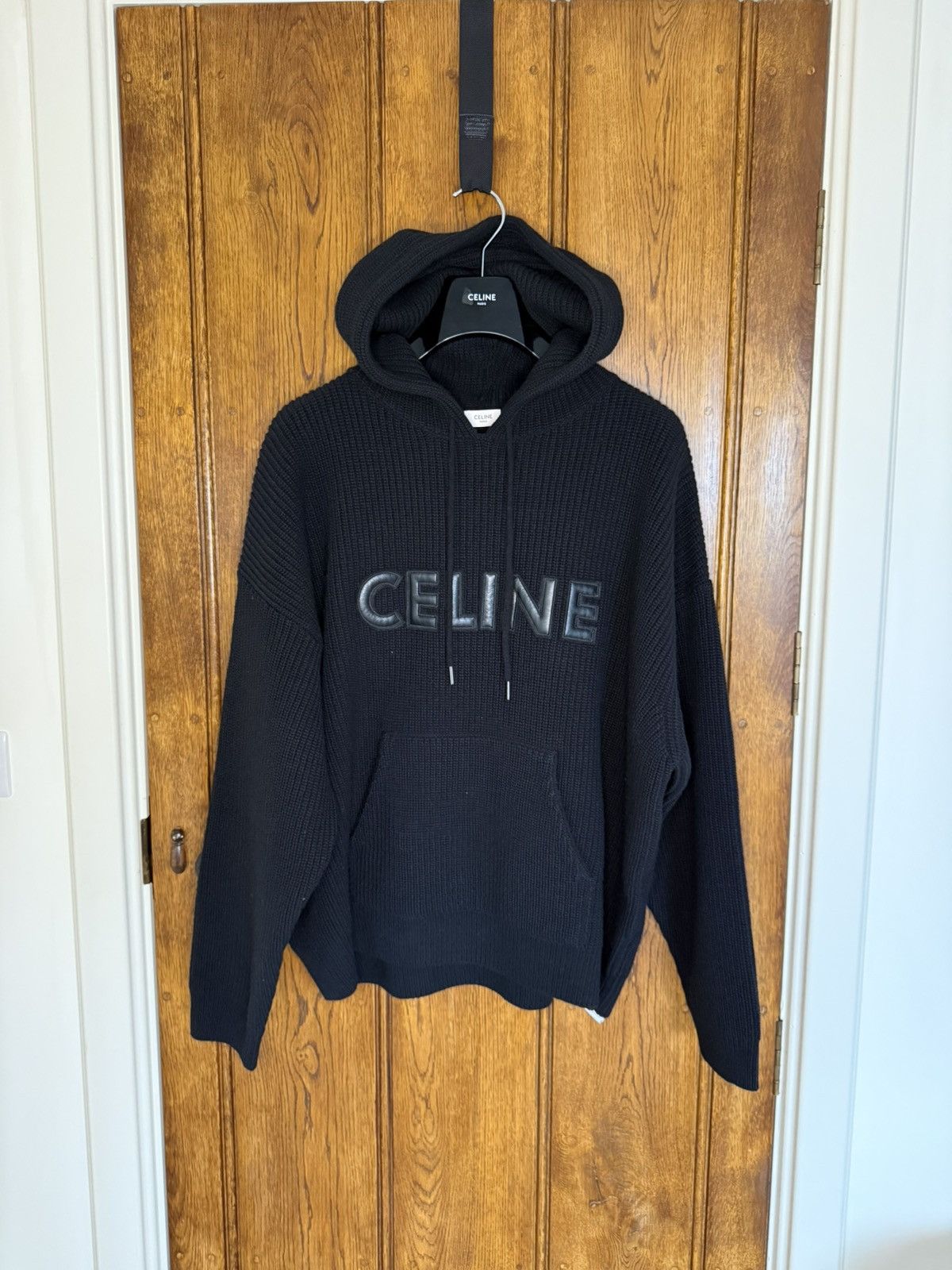 Celine $2k Celine hoodie sweater leather logo black wool Hedi S M Size US S / EU 44-46 / 1 - 2 Thumbnail
