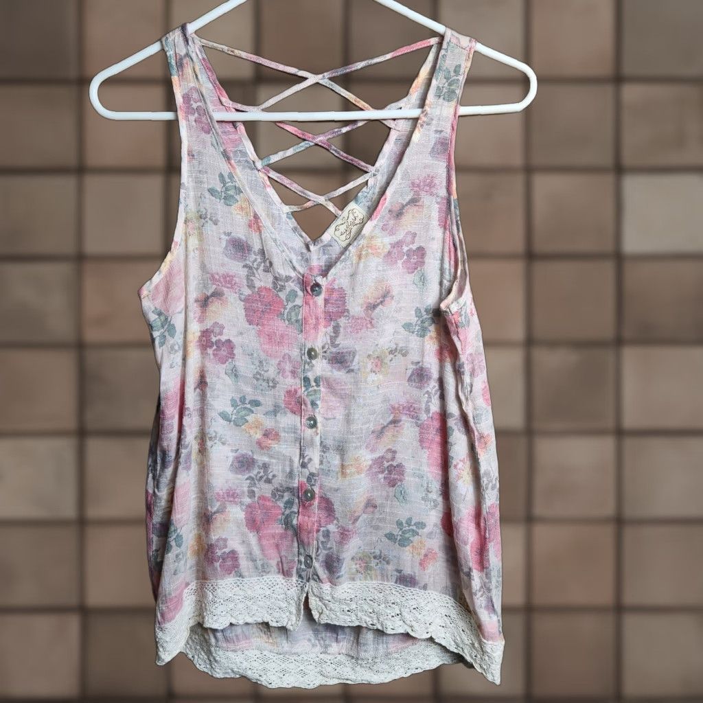 Vintage Eyelash Couture Blouse Women's Sleeveless V-Neck Pink Floral Semi-Sheer Buttonfront Top M Size M / US 6-8 / IT 42-44 - 1 Thumbnail