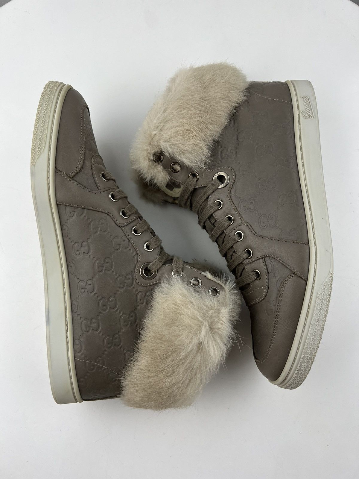 GUCCI Sneakers Leather Shoes GG Logo Guccissima Fur Trim