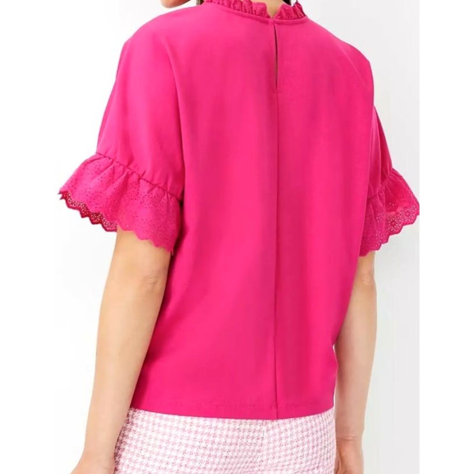 Ann Taylor Ann Taylor Blouse Pink Petite Size LP Mixed Media Eyelet Ruffle Trim Top Size L / US 10 / IT 46 - 3 Thumbnail